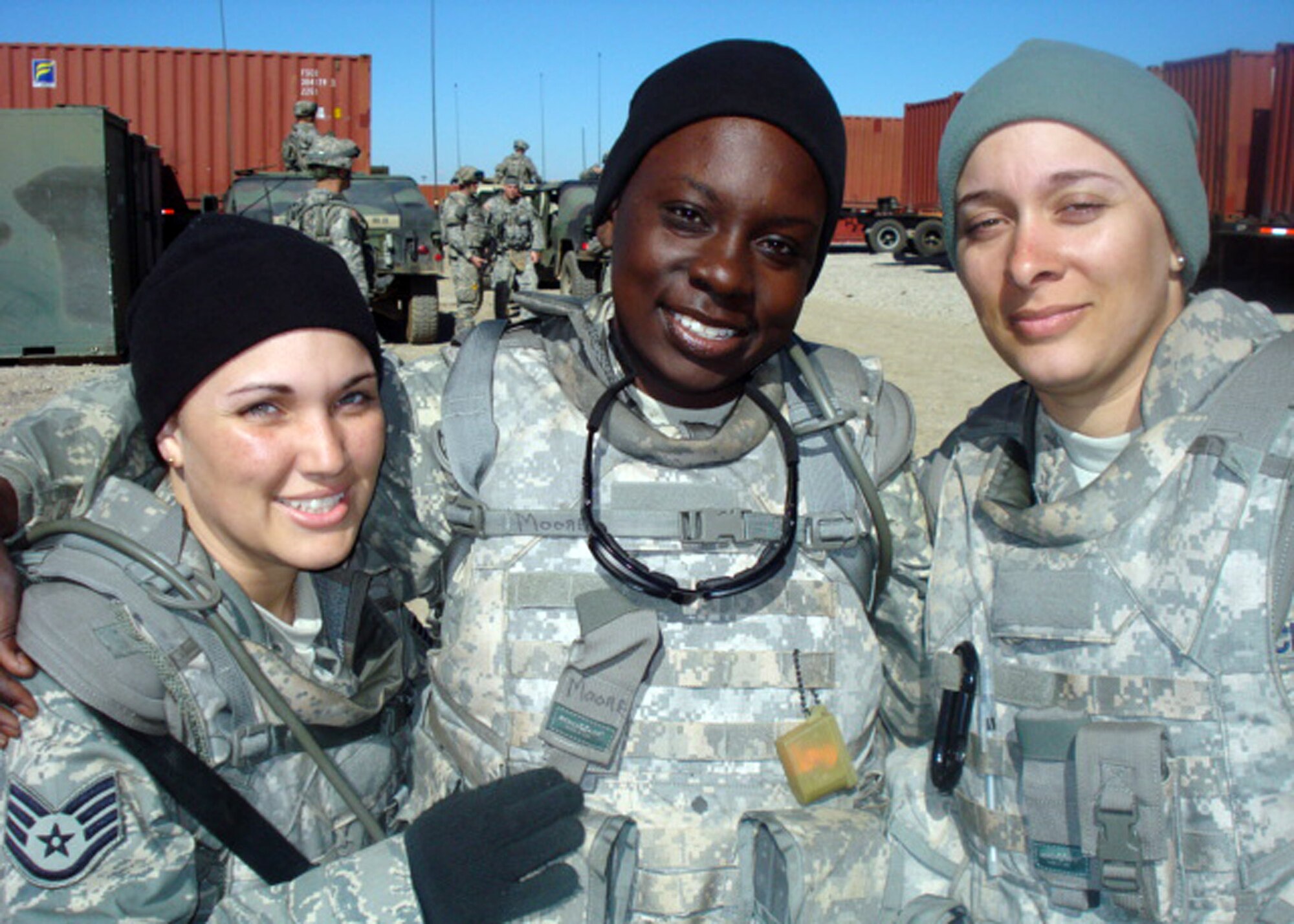 From left to right, Staff Sgts. Leilani Garcia, Xerona Moore and Marla Franklin prepare for a mounted combat patrol at Forward Operating Base Patriot on Fort Bragg, N.C. The three will forward deploy as members of Provincial Reconstruction Team Gardez near the Pakistan border in Paktya Province, Afghanistan. (U.S. Air Force photo/Staff Sgt. Damien Moody)