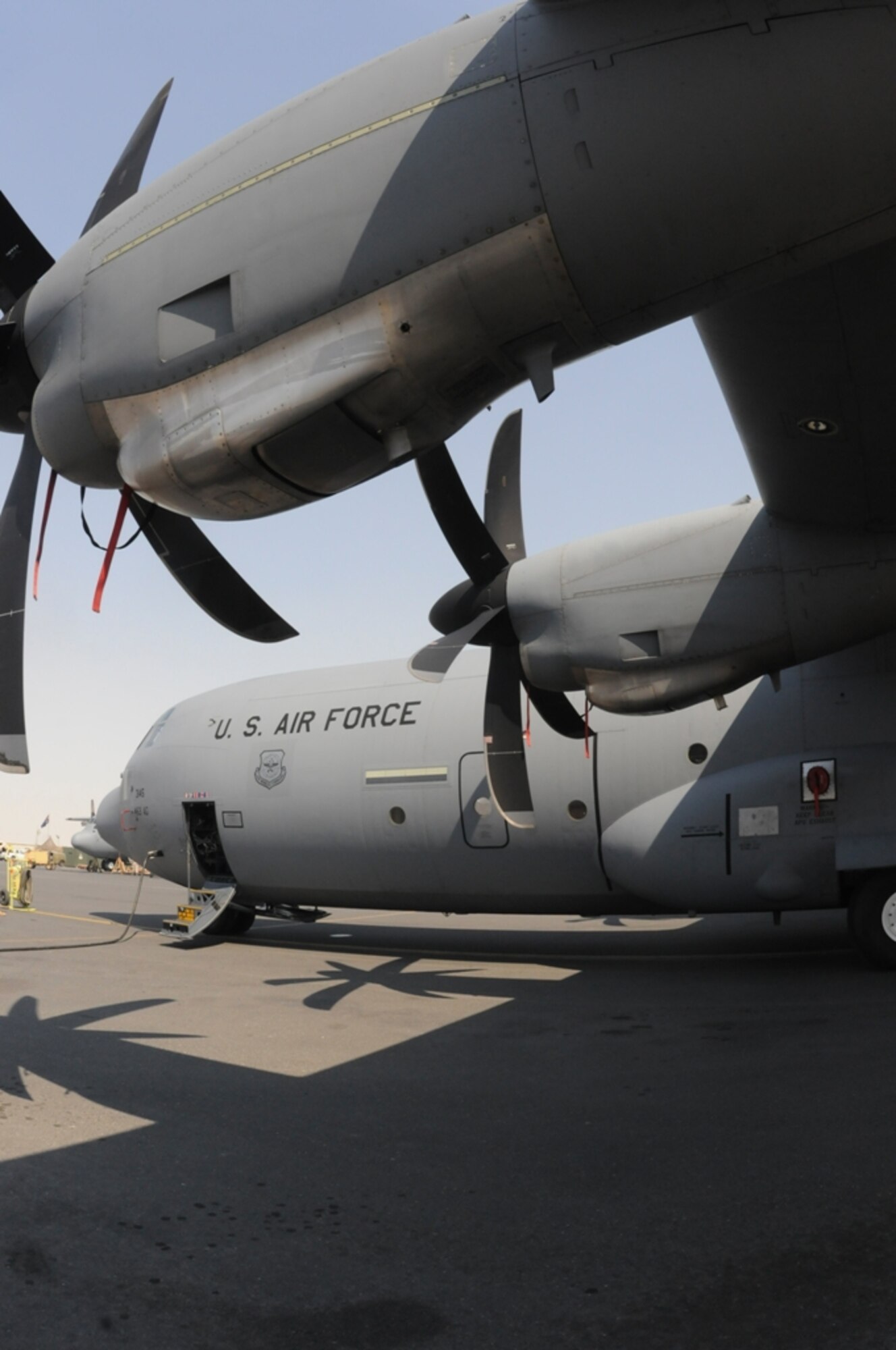 The 379th Air Expeditionary Wing welcomed the newest member of its fleet February 8 as the first active duty C-130J deployed to the area of responsibility landed in Southwest Asia.  (U.S. Air Force photo/Senior Airman Domonique Simmons)
