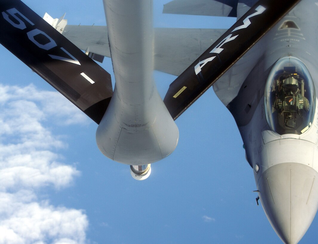 A 93rd Fighter Squadron pilot pulls up to the boom of a KC-135 Stratotanker during an air refueling training mission with an aircrew from the Tinker Air Force Base, Okla., on Feb. 9. The KC-135 crew was on a temporary duty assignment to Homestead ARB, and offered to take 30 Homestead Air Reserve Base reservists along for a firsthand look at an air refueling training mission. (U.S. Air Force photo/Senior Airman Solomon Sklon)