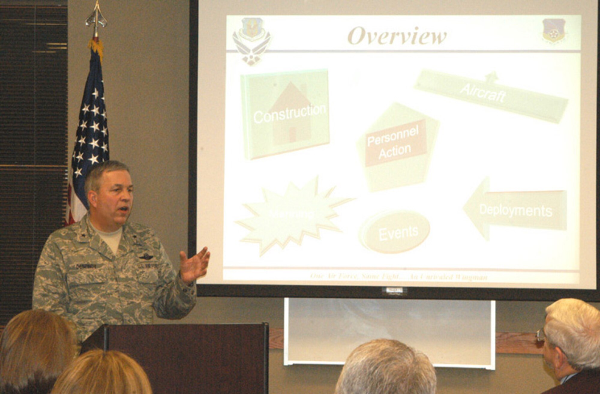 GRISSOM AIR RESERVE BASE, Ind., --  Brig. Gen. Dean Despinoy, 434th Air Refueling Wing Commander, makes a key point during the annual "State of the Base Address."  A standing room only crowd was on hand to hear the presentation which covered such areas as economic impact, construction projects, deployments, personnel issues, and community outreach.  Dignitaries in attendance included Mayors Mike Fincher, Logansport; Jim Walker, Peru; and Robert Vanlandingham, Wabash.  (U.S. Air Force photo/Lt. Col. Gary Lockard)