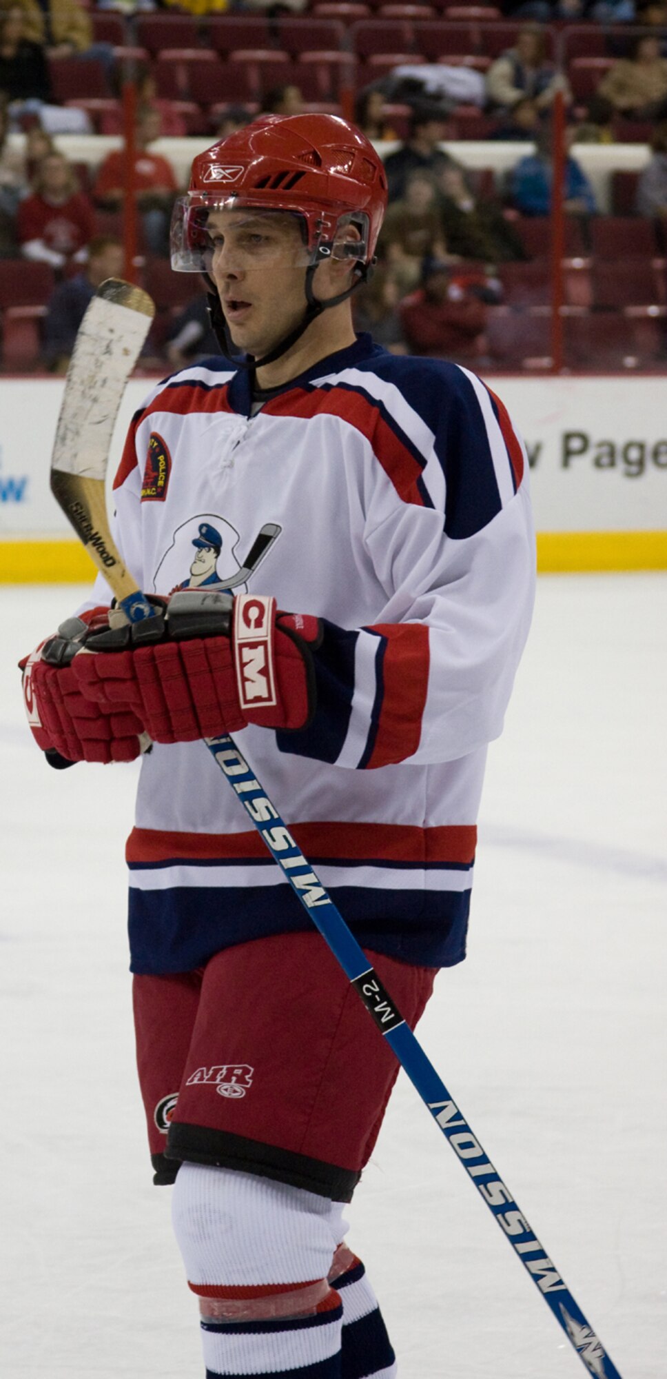 SEYMOUR JOHNSON AIR FORCE BASE, N. C. -- Before the 2nd  annual "Battle of the Badges" began, Raleigh Police Detective Jim Nickels warms up on the ice.  The charity hockey game was played at the RBC Center against the triangle area firefighters with Carolina Hurricanes Chad La Rose, Justin Williams and Mike Commodore coaching the two teams.  The proceeds went to the UNC Burn Center for Children and 200 Club of Wake County which provides immediate finanacial support to families who lose a publc safety worker in the line of duty.  The event drew more than 3,000 fans and raised more than $13,000.  Senior Master Sgt. Jim Nickel is a member of the 916th Civil Engineer Squadron as a utilities systems supervisor.  U. S. Air Force photo/Courtesy.
