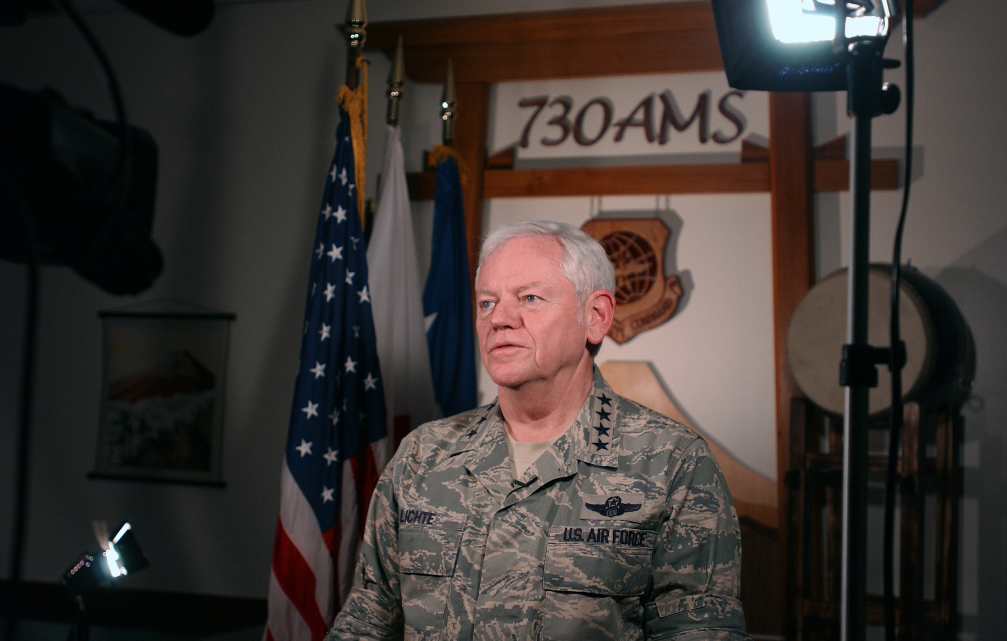 United States Air Force General Arthur J Lichte, the Air Mobility Commander speaks to Air Force News Network located at Yokota Air Base Japan on 12 Feburary 2008. General Lichte and his council are visiting the pacific regions mobility squardons to see how the air mobility commands men and women are supporting the mission. (United States Air Force photo by Senior Airman Brian Kimball)                                                              