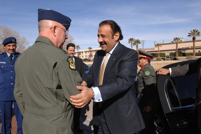 NELLIS AIR FORCE BASE, Nev.—U.S. Air Force Chief of Staff Gen. T. Michael Moseley, welcomes His Royal Highness Prince Khalid bin Abdul Aziz Al-Saud here Feb. 8. The prince, who is the Assistant Minister of Defense and Aviation for Military Affairs, arrived at Nellis to observe the Royal Saudi air force's participation during the ongoing Red Flag exercise. (U.S. Air Force photo by Senior Airman Larry E. Reid Jr.)
