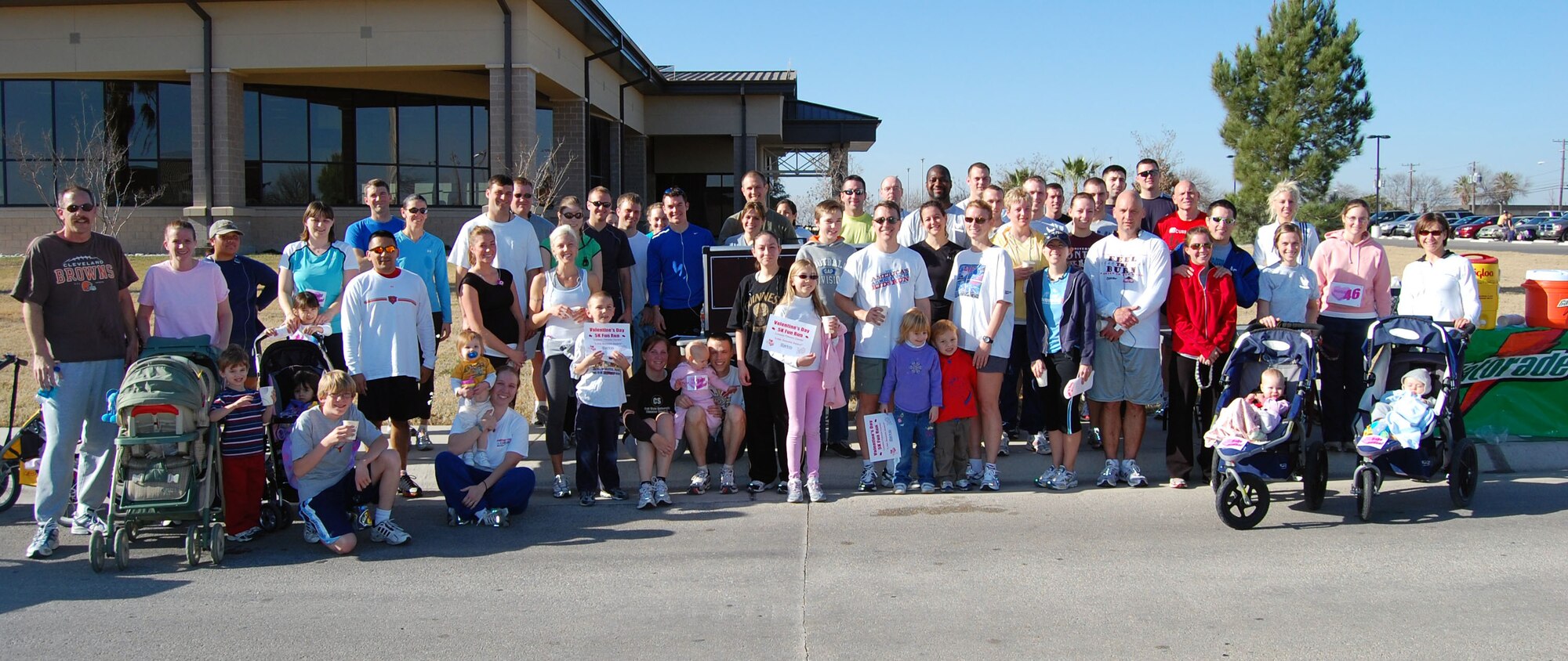 LAUGHLIN AIR FORCE BASE, Texas- Some of the participants pose for a group photo after the Valentine’s Day 5K Fun Run/Walk organized by the fitness center here Jan. 9, 2008. More than 100 members showed up to participate in the fun run. The event is one of the many ways the Losano Fitness Center keeps Laughlin members fit to fight. (U.S. Air Force photo by Senior Airman Olufemi Owolabi)