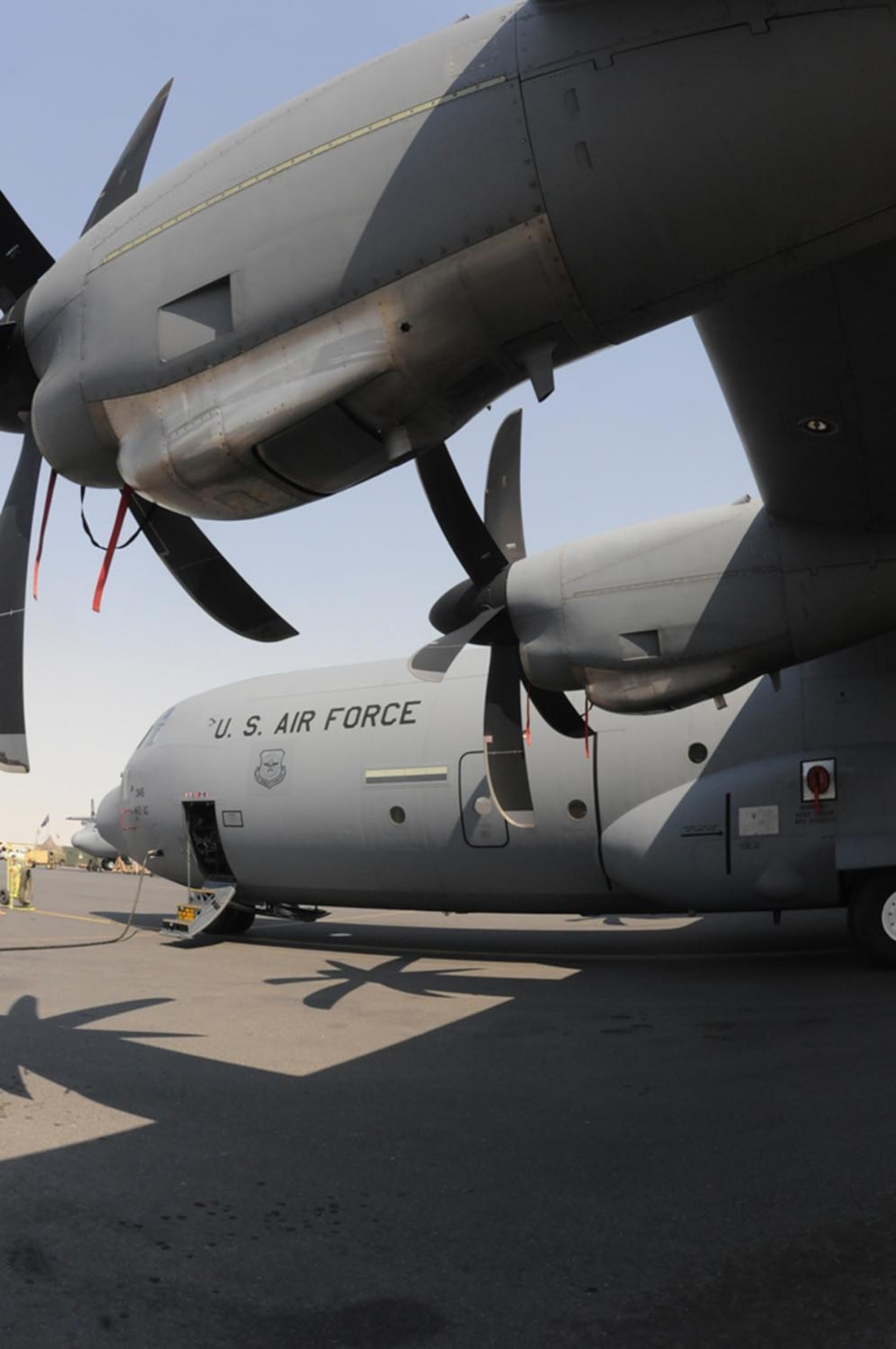A C-130J Hercules sits on the flightline after arriving to the 379th Air Expeditionary Wing Feb. 8 at a Southwest Asia air base. The C-130J is from the 41st Airlift Squadron from Little Rock Air Force Base, Ark. (U.S. Air Force photo/Senior Airman Domonique Simmons) 
