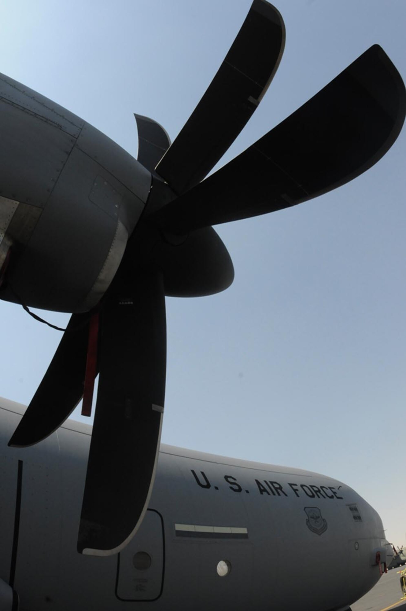 A C-130J Hercules sits on the flightline after arriving to the 379th Air Expeditionary Wing Feb. 8 at a Southwest Asia air base. The C-130J is from the 41st Airlift Squadron from Little Rock Air Force Base, Ark. (U.S. Air Force photo/Senior Airman Domonique Simmons) 
