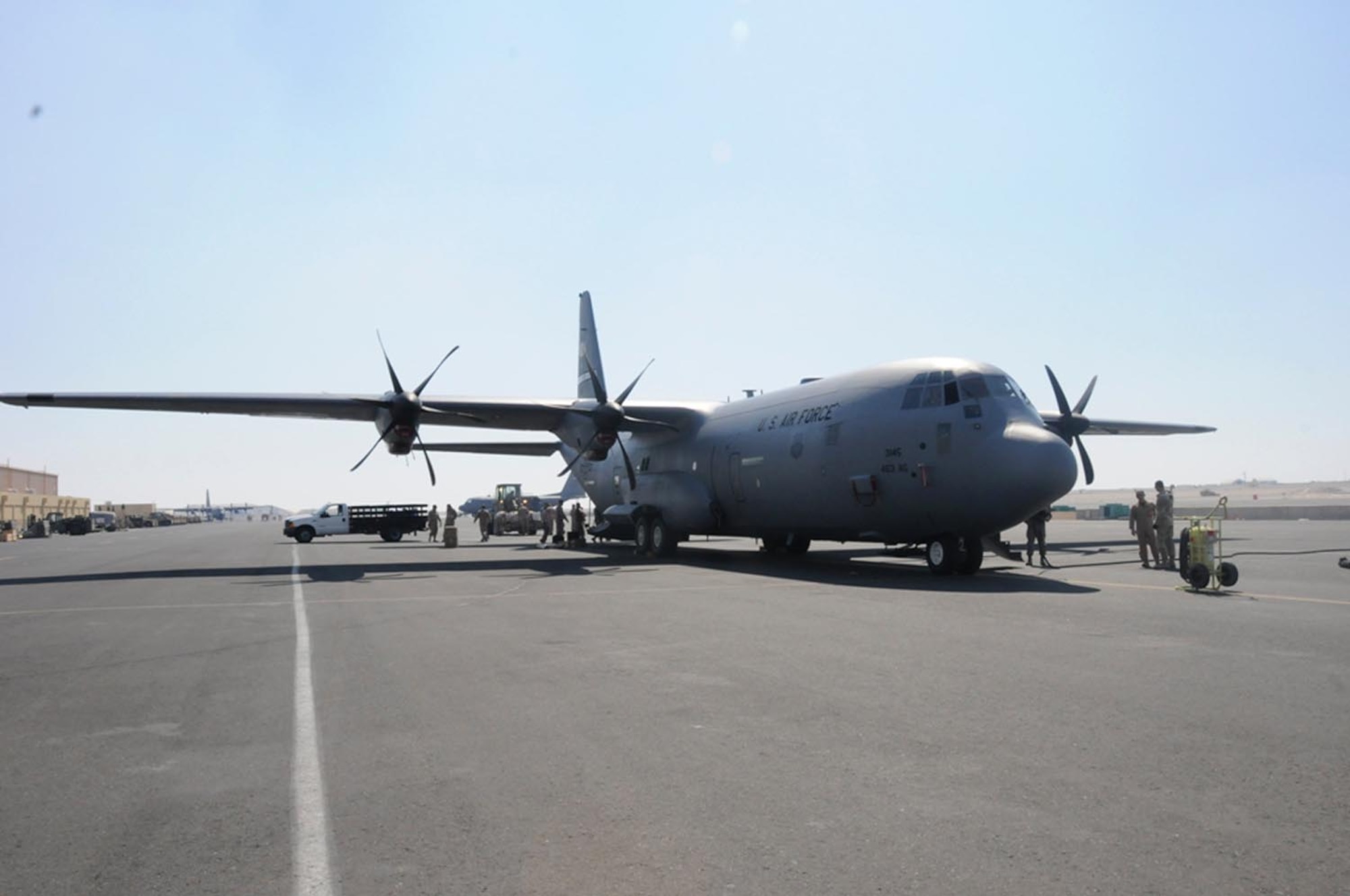 A C-130J Hercules arrives to the 379th Air Expeditionary Wing Feb. 8 at a Southwest Asia air base. The C-130J is from the 41st Airlift Squadron from Little Rock Air Force Base, Ark. (U.S. Air Force photo/Senior Airman Domonique Simmons) 
