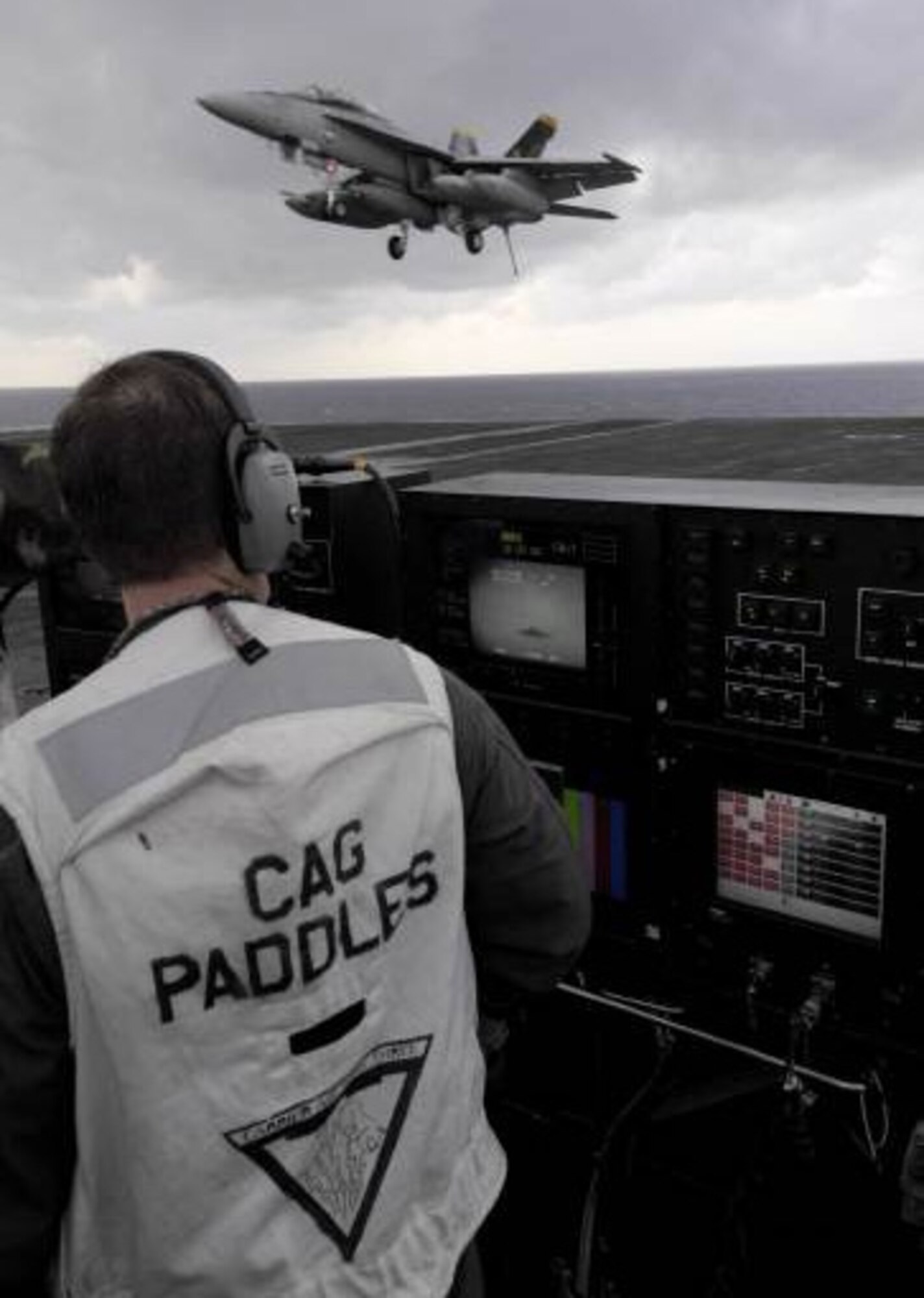 PERSIAN GULF -- U.S. Navy Lt. Andy Shulman, a landing signal officer assigned to Carrier Air Wing Three, observes flight operations from the LSO platform as an F/A-18 Hornet aircraft attempts to complete an arrested recovery on the flight deck of the Nimitz-class nuclear-powered aircraft carrier USS Harry S. Truman (CVN 75) Persian Gulf. Truman and embarked CVW Three are on a scheduled deployment for Operations Iraqi Freedom and Enduring Freedom and maritime security operations. (U.S. Navy photo by Mass Communication Specialist 3rd Class Joshua A. Moore) 
