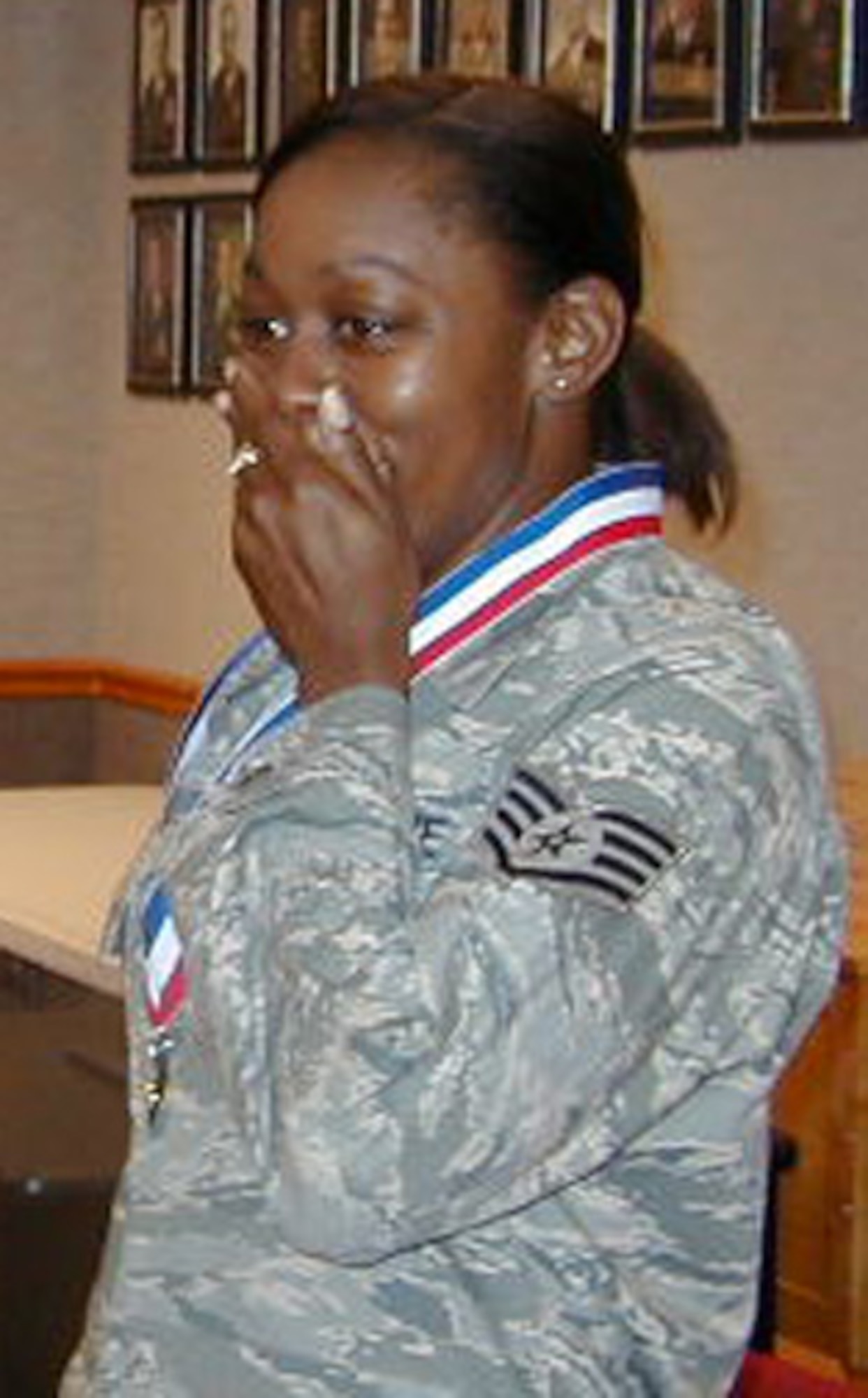 Newly promoted Tech. Sgt. Tanya Robinson, 29th Test Systems Squadron Det. 3, reacts to being told she has just been promoted via the Stripes for Exceptional Performers program Feb. 5 at Barksdale Air Force Base, La.  Less than a week after returning from a deployment, Sergeant Robinson was attending a commander's call when she was informed of the news.  Her commander, Lt. Col. Tom Silvia, Det. 3 commander, said the promotion was richly deserved.
“Tech. Sgt. Tanya Robinson is the most dedicated NCO I've had the privilege of working with in my 19 years of service," he said.  "She achieved this promotion because her duty performance is simply astounding.  She is the type of NCO our Air Force needs to continue to be the best in the world.” 
U.S. Air Force photo.