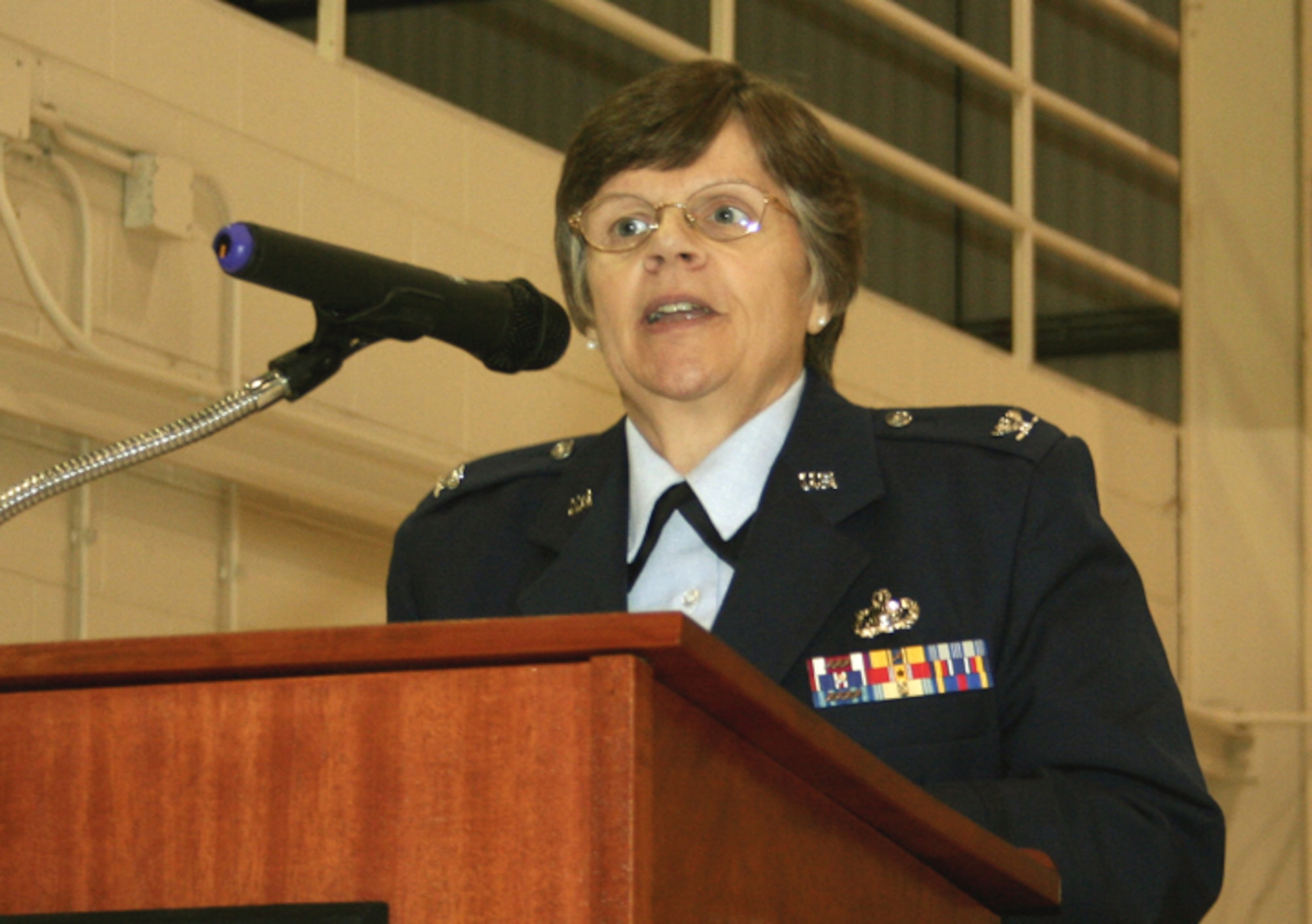 GRISSOM AIR RESERVE BASE, Ind., --  Col. Betty A. Bowen, 434th Mission Support Group commander, addresses the audience at her assumption of command ceremony held during the February Unit Training Assembly.  She replaces Col. Doug McHugh.  Colonel Bowen's previous assignment was commander of the 440th Mission Support Group at General Mitchell Air Reserve Station in Wisconsin.  (U.S. Air Force photo/Tech. Sgt. Pat Kuminecz)