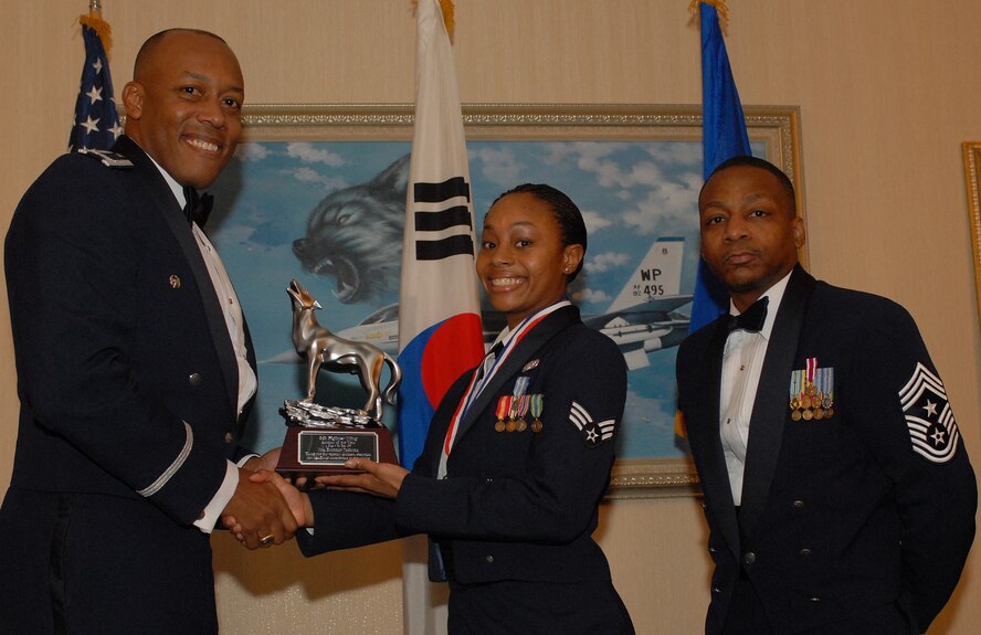 KUNSAN AIR BASE, South Korea -- Senior Airman Brittany Jackson, 8th Civil Engineer Squadron, received the Airman of the year award here Feb 10. The banquet is held annually to recognize all outstanding personnel for their commitment and hard work. (U.S. Air Force photo/Senior Airman Giang Nguyen)