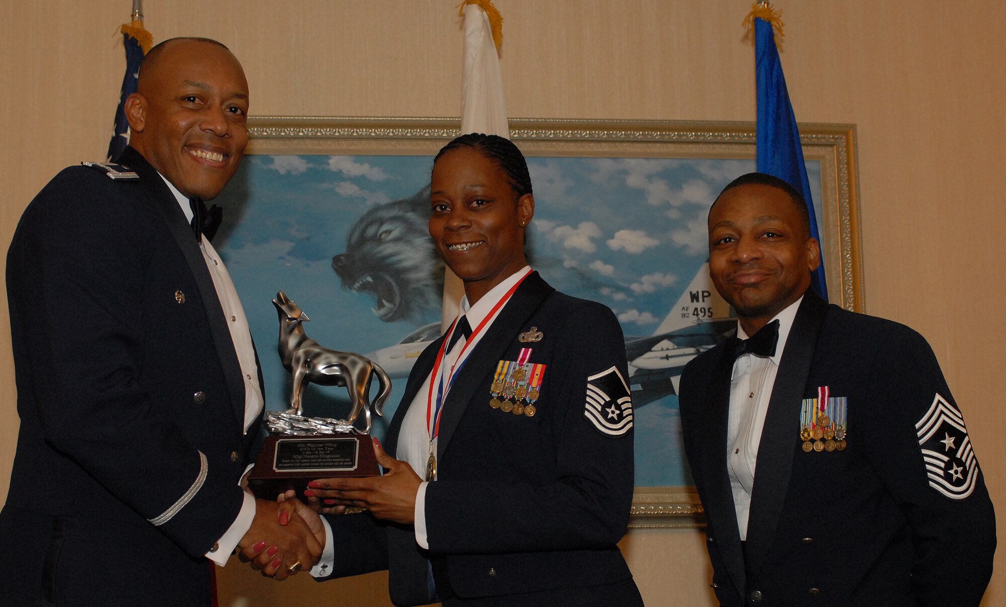 KUNSAN AIR BASE, South Korea -- Master Sgt. Nanette Klingaman, 8th Security Forces Squadron, received the senior noncommissioned officer of the year award here Feb 10.  The banquet is held annually to recognize all outstanding personnel for their commitment and hard work.  (U.S. Air Force photo/Senior Airman Giang Nguyen)