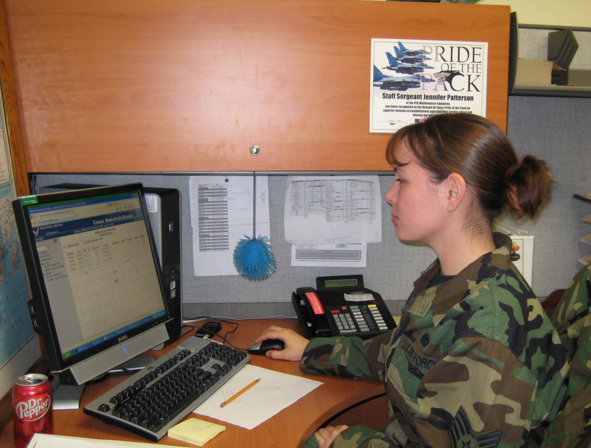 KUNSAN AIR BASE, South Korea -- Staff Sgt. Jennifer Patterson, 8th Maintenance Squadron precision guided munitions crew chief, works at her computer here Feb. 7. Sergeant Patterson was selected as the 8th Fighter Wing's Pride of the Pack for the week of Feb. 4. (U.S. Air Force photo/Staff Sgt. Keith Long)