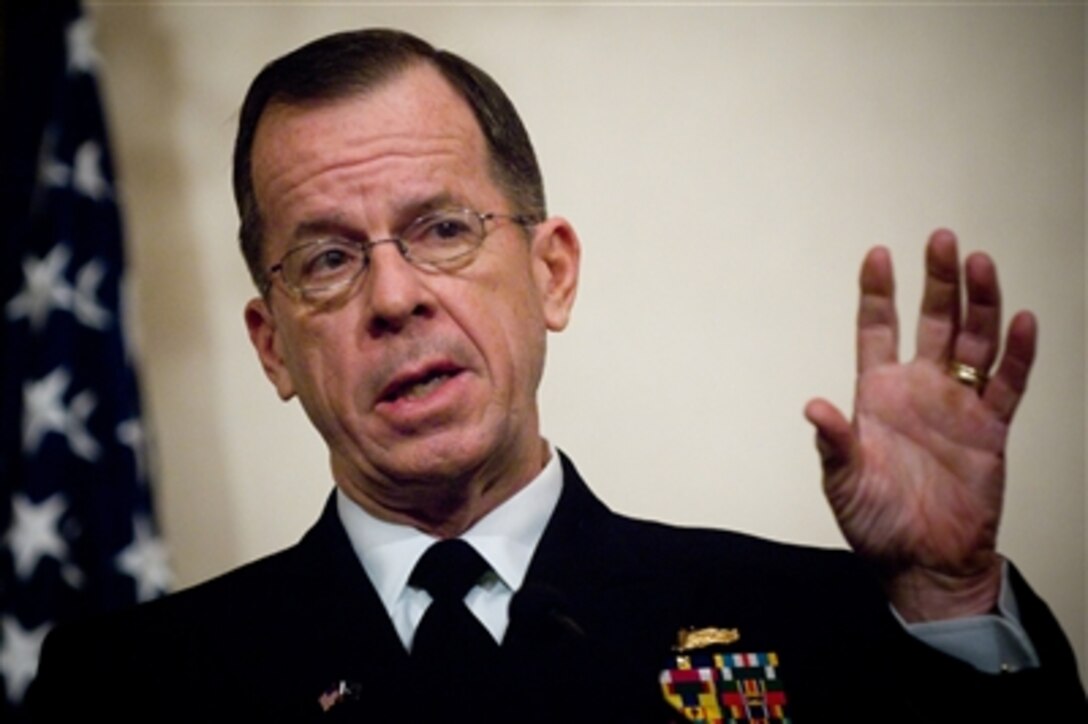 Chairman of the Joint Chiefs of Staff Adm. Mike Mullen, U.S. Navy, answers  a question during a press conference in Islamabad, Pakistan, on Feb. 9, 2008.  Mullen is visiting the country to discuss security issues with Pakistani President Gen. Pervez Musharraf and Pakistani military officials.  