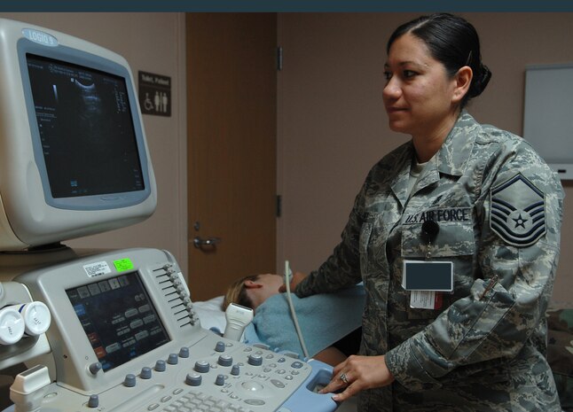 NELLIS AIR FORCE BASE, Nev.—Master Sgt. Erica Perez, 99th Medical Group diagnostic imaging superintendent, performs an ultrasound procedure at the Mike O’ Callaghan Federal Hospital here Feb. 11. Master Sgt. Perez received the Chief Master Sgt. Anton Zembrod Award for the outstanding Air Force diagnostic imaging senior noncommissioned officer of the year. (U.S. Air Force photo by Senior Airman Nadine Y. Barclay)