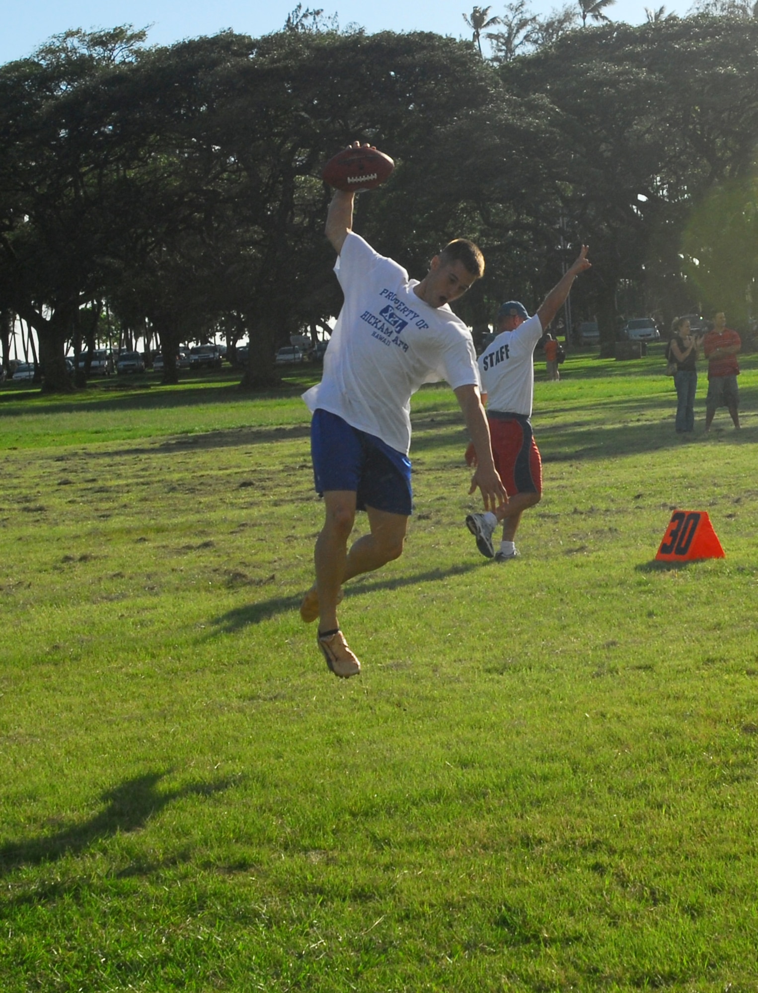 Richard Good gets the final catch during the QB competition at the NFL military challenge, Feb. 8 at Kapiolani Park, Hawaii. Photo by Staff Sgt. Erin Smith.