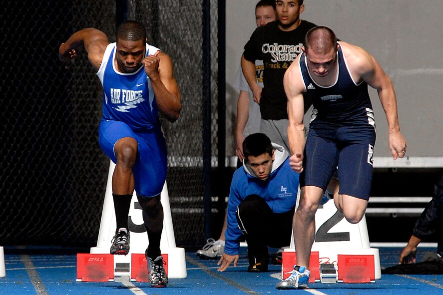 Freshman Ladarious Woods breaks from the blocks in the 60-meter dash, finishing in sixth place overall with a time of 6:94 seconds, tying teammate junior Kellen Curry. Woods also ran in the 200-meter dash, clocking a ninth-place time of 22:53. The Falcons hosted the Don Barrett-Air Force Open on Feb. 9. Competing at the Academy's Cadet Field House, the Falcons collected 26 top-10 finishes during the non-team scoring meet. (U.S. Air Force photo/Dave Ahlschwede)