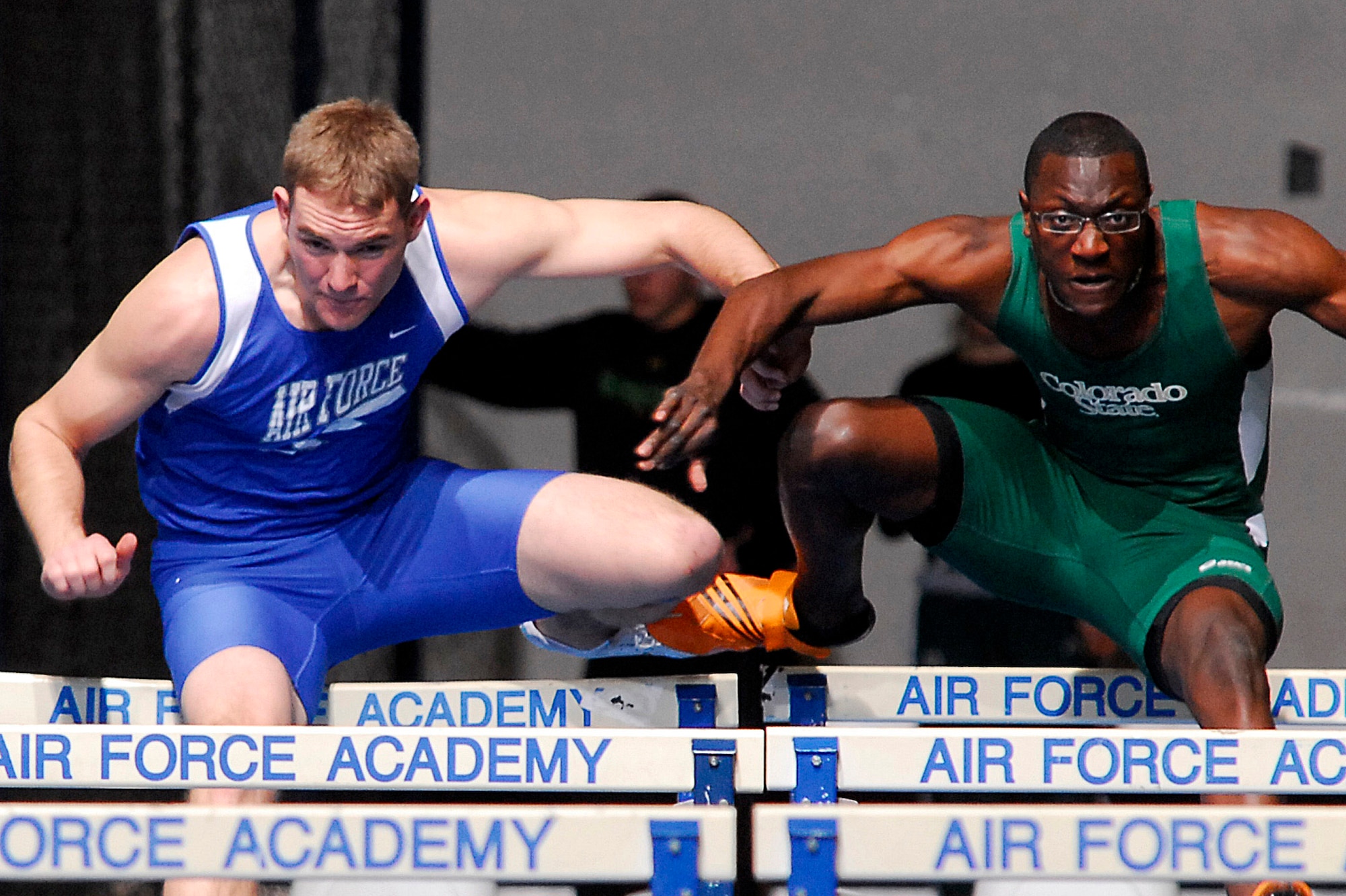 Junior Skylar Morgan enroute to a sixth-place finish in the 60-meter hurdles in a time of 8:69 seconds. He also cleared the high jump at 6'3?" to place seventh.  The Falcons hosted the Don Barrett-Air Force Open on Feb. 9. Competing at the Academy's Cadet Field House, the Falcons collected 26 top-10 finishes during the non-team scoring meet. (U.S. Air Force photo/Dave Ahlschwede)