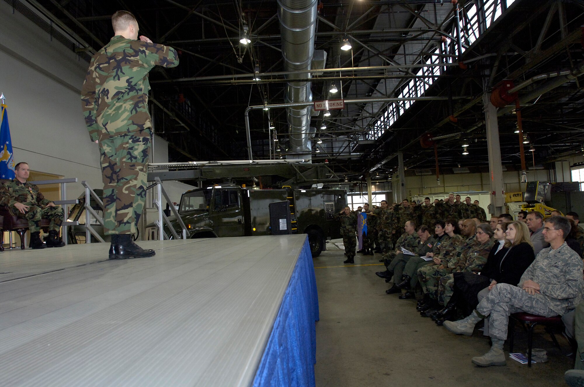 FAIRCHILD AIR FORCE BASE, Wash. - Maj. Breck Woodard, 92nd Logistics Readiness Squadron commander, receives his first salute as commander during the 92nd LRS change-of-command ceremony Feb. 8. (U.S. Air Force photo/Senior Airman Eunique Stevens)
