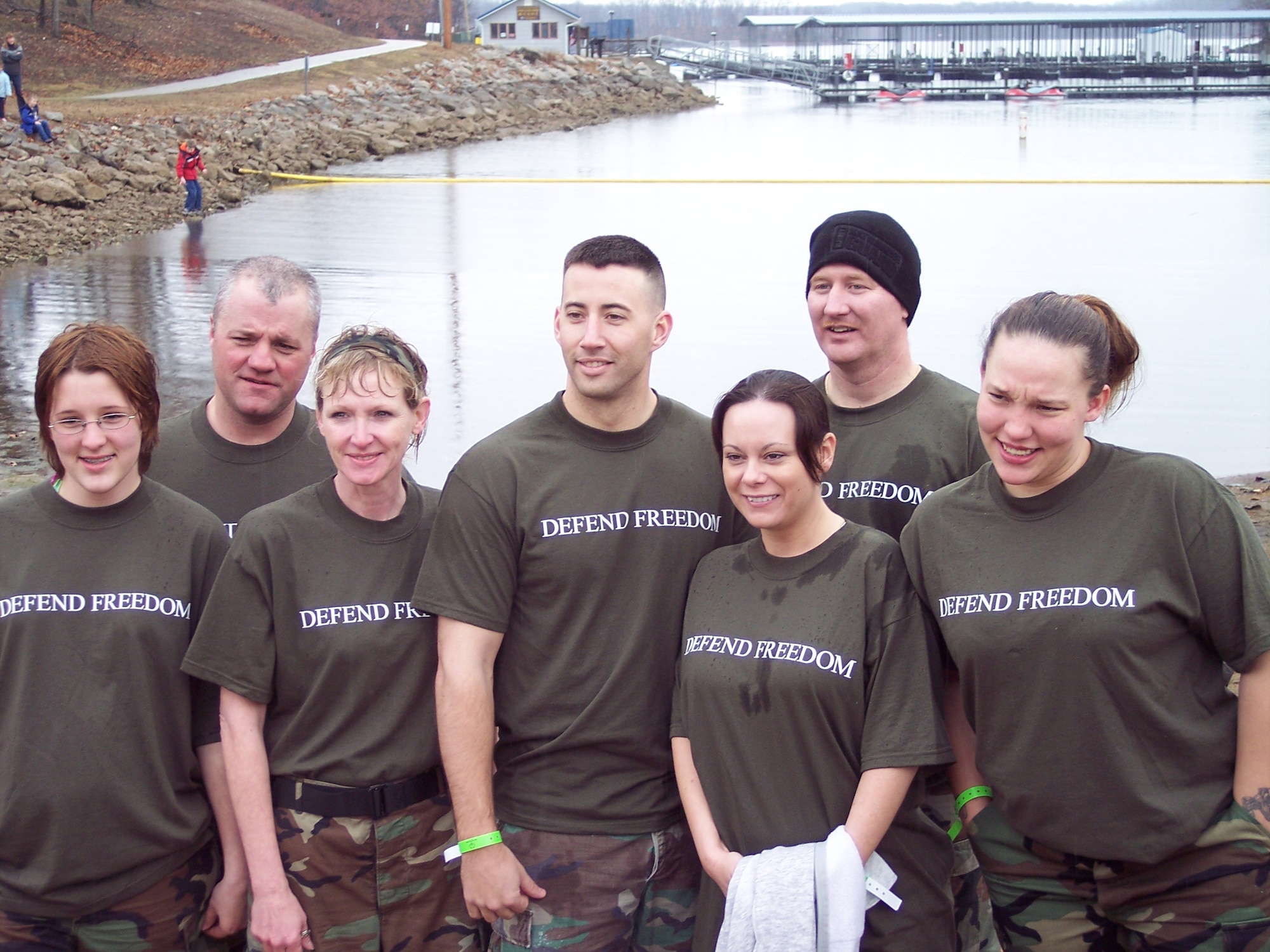 First Attack Team in their Missouri Guard shirts at the Special Olympics Polar Bear Plunge 2007.  From Left: Elizabeth Christie, Staff Sgt. Doug Christie, Spc. Amelia Martin, Capt. Paul Howerton, Staff Sgt. Amy Smith, Sgt.1st Class Cameron Beck and Spc. Jessica Dickie.  (Photo printed with permission of Sgt. 1st Class Cameron) 