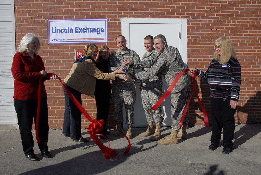 From left Diane Kraatz (Lincoln Exchange Supervisor), Cheryl Maddux (General Manager Offutt Exchange), Karen Ondrak(Lincoln Exchange Manager), BG Timoty Kadavy (NE National Guard Adjutant General), Lt Col Howard Schauer, Col Richard J. Evans III (Commander, 155th ARW) Nancy Gulley (Supervisor Lincoln Exchange) participate in a ribbon cutting ceremony for the grand opening of the Lincoln AAFES Exchange at the 155th Air Refueling Wing, Nebraska Air National Guard base on February 2, 2008.  The Lincoln Exchange was moved to a new location to make way for a new Joint Forces Headquarters building.  (Nebraska Air National Guard Photo by Master Sgt. Alan Brown) (Released)