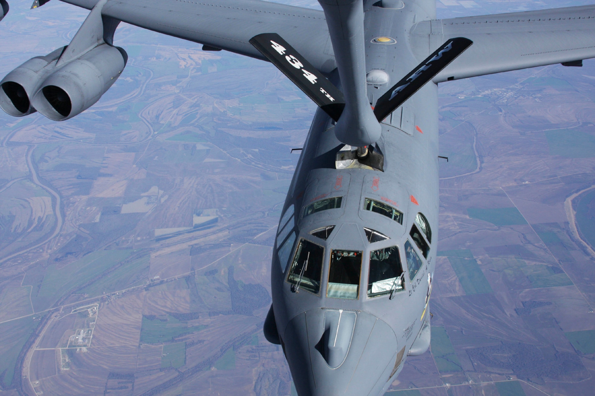 GRISSOM AIR RESERVE BASE, Ind., -- A B-52 Stratofortress from the 2nd Bomb Wing at Barksdale AFB, La., pulls up to a Grissom KC-135R Stratotanker to receive fuel during a refueling mission near New Orleans. The boom operator for the mission was Senior Airman Robert Faurot, 74th Air Refueling Squadron. (U.S. Air Force photo/Tech. Sgt. Drennen Gaffney)