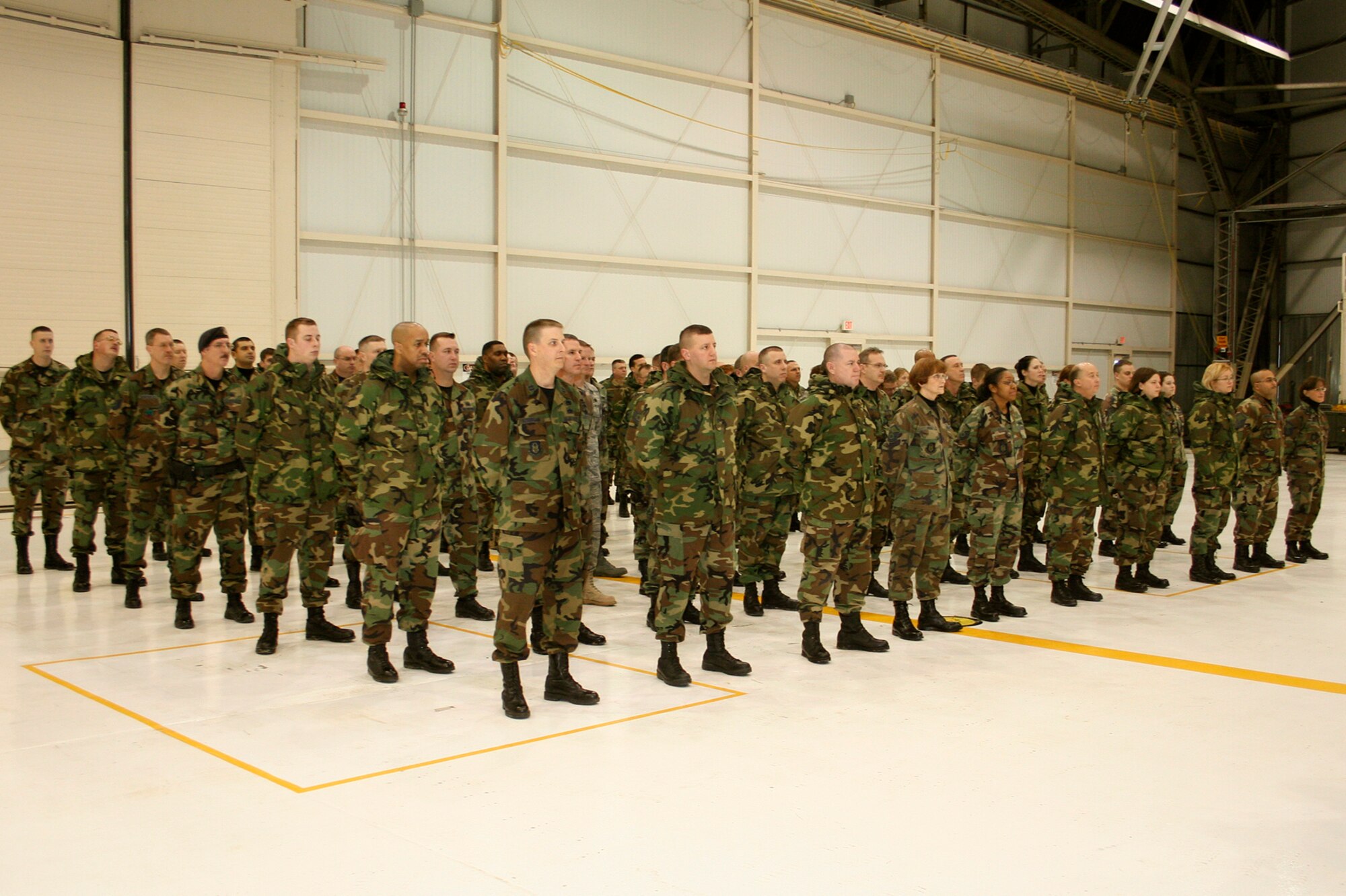 GRISSOM AIR RESERVE BASE, Ind., -- Representatives from the 434th Mission Support Group stand in formation to view the group's assumption of command by Col. Betty Bowen during the February unit training assembly.  The Mission Support Group is one of the most diverse organizations at Grissom and includes such career fields as security forces, civil engineers, military personnel, communications, services, contracting and transportation. (U.S. Air Force photo/Tech. Sgt. Patrick Kuminecz)