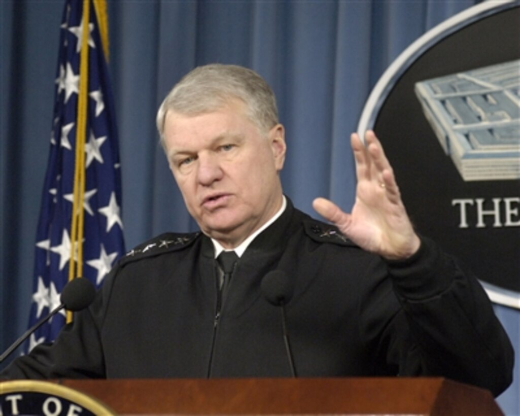 Chief of Naval Operations Adm. Gary Roughead conducts a press briefing in the Pentagon to discuss his first months in office, the Navy's shipbuilding program, recent operations and international naval trends on Feb. 12, 2008.  