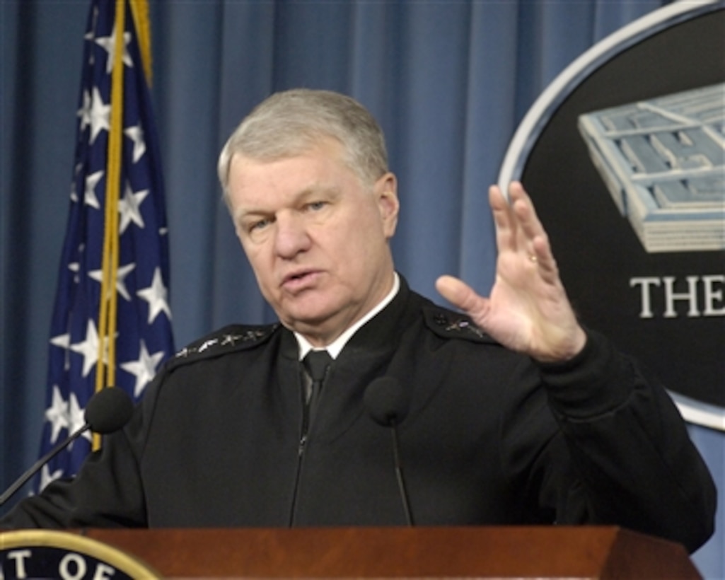 Chief of Naval Operations Adm. Gary Roughead conducts a press briefing in the Pentagon to discuss his first months in office, the Navy's shipbuilding program, recent operations and international naval trends on Feb. 12, 2008.  