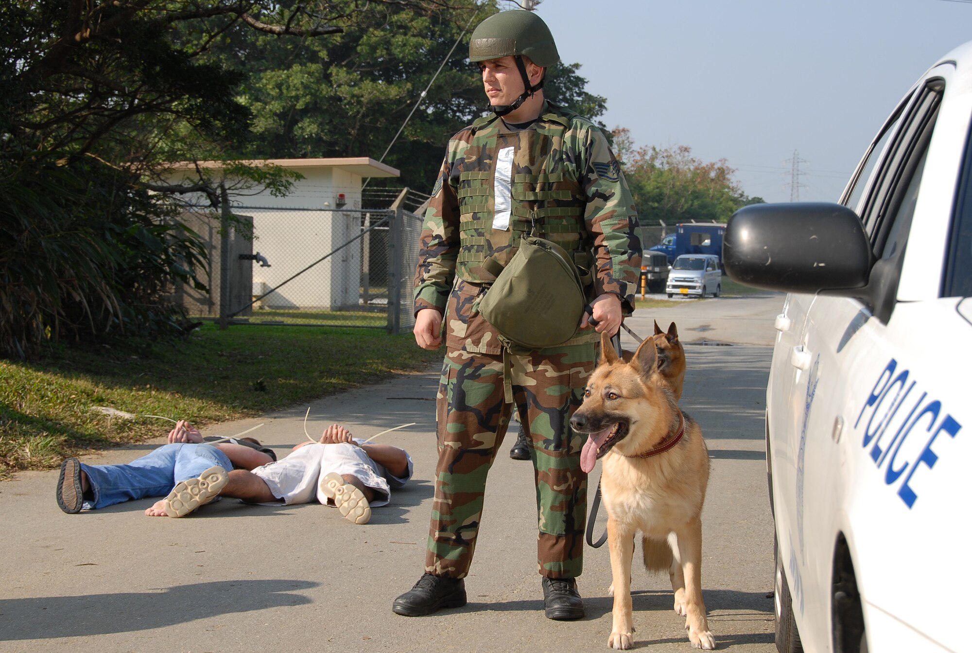 Staff Sgt. John Grice, a dog handler with the 18th Security Forces Squadron at Kadena Air Base, Japan, responds to a simulated protest during a local operational readiness exercise. The exercise tested the ability of base Airmen to respond to contingency situations. (U.S. Air Force photo/Tech Sgt. Anthony Iusi)