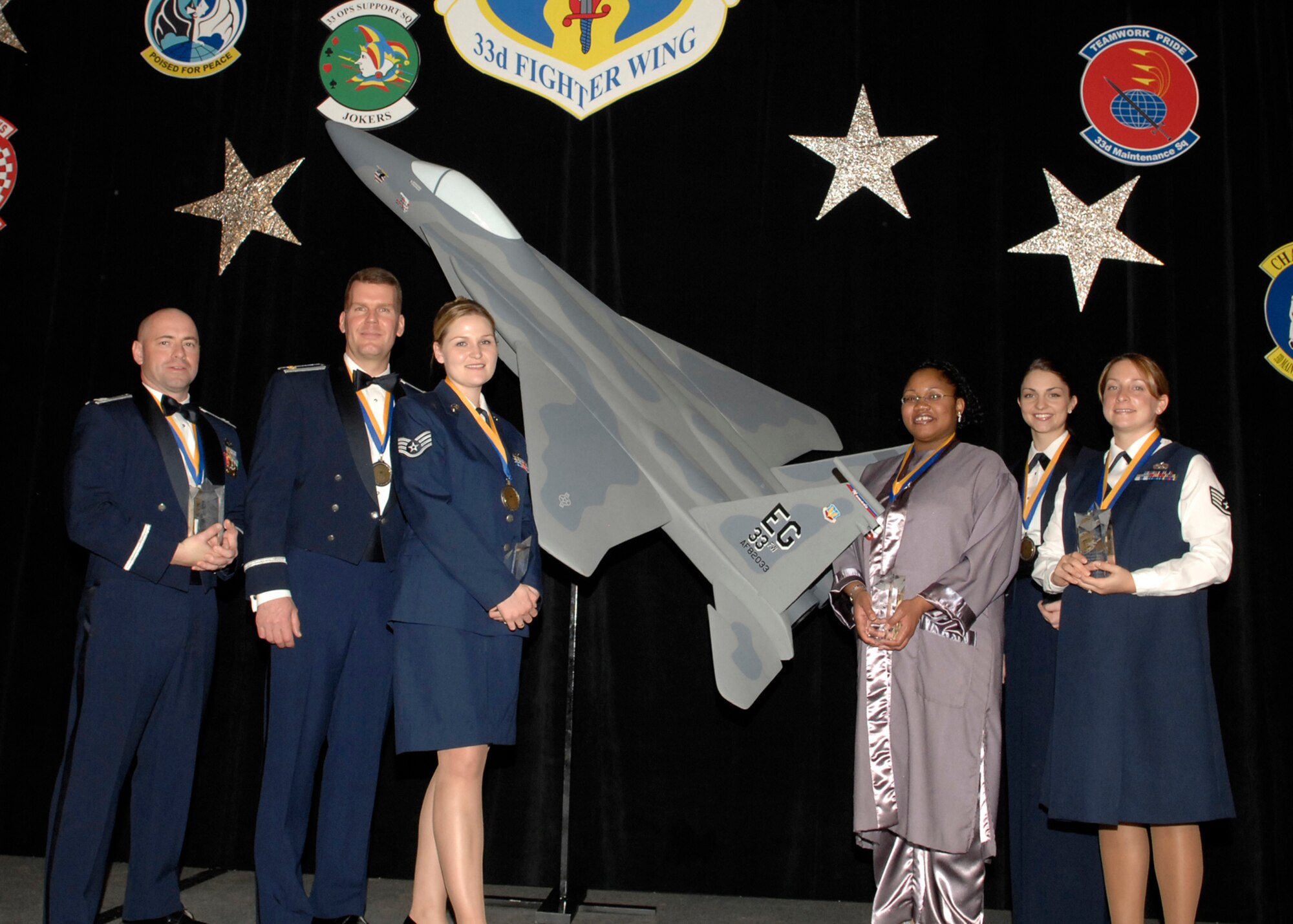 More than 500 members of the 33d Fighter Wing gathered together at Sandestin Golf and Beach Resort Feb. 2 to recognize the 54 Airmen who were selected as the best of the best for 2007. The Airmen competed in the categories of best Airman, Non-commissioned Officer, Senior Non-commissioned Officer, First Sergeant, Company Grade Officer, Field Grade Officer and Civilian Category II.
