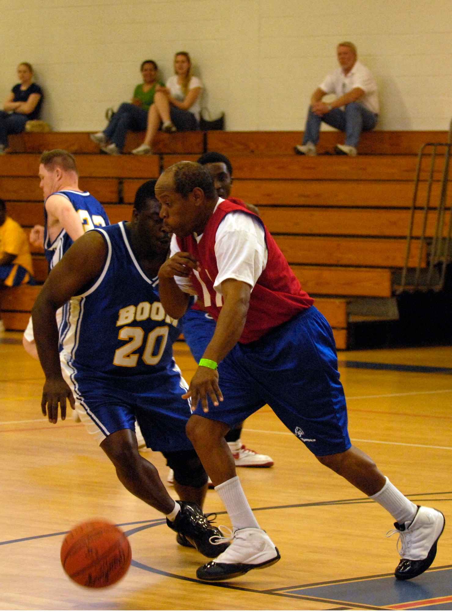 EGLIN AIR FORCE BASE, Fla. -- An athlete drives the basketball down the court during the 2008 Northwest Sectional basketball tournament here Feb. 10. More than 350 athletes and coaches from Okaloosa, Walton, Jackson, Gadsden, Leon, Hamilton, Columbia, Escambia and Taylor counties participated in the sectional tournament. (U.S. Air Force photo by Debbie Haussermann)
