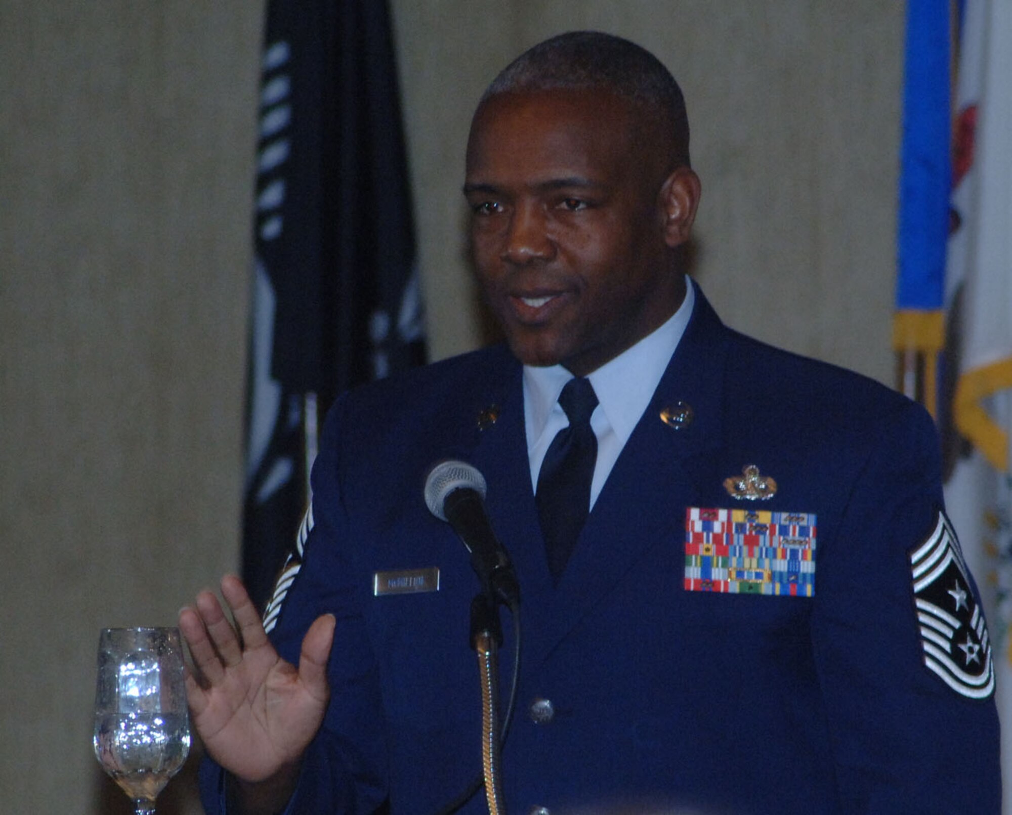 Chief Master Sgt. Brye McMillon, 18th Air Force Command Chief Master Sergeant at Scott AFB, Ill., was the keynote speaker at the Black History Luncheon Wednesday at the Columbus Club.  (U.S. Air Force photo by Airman 1st Class Danielle Hill)