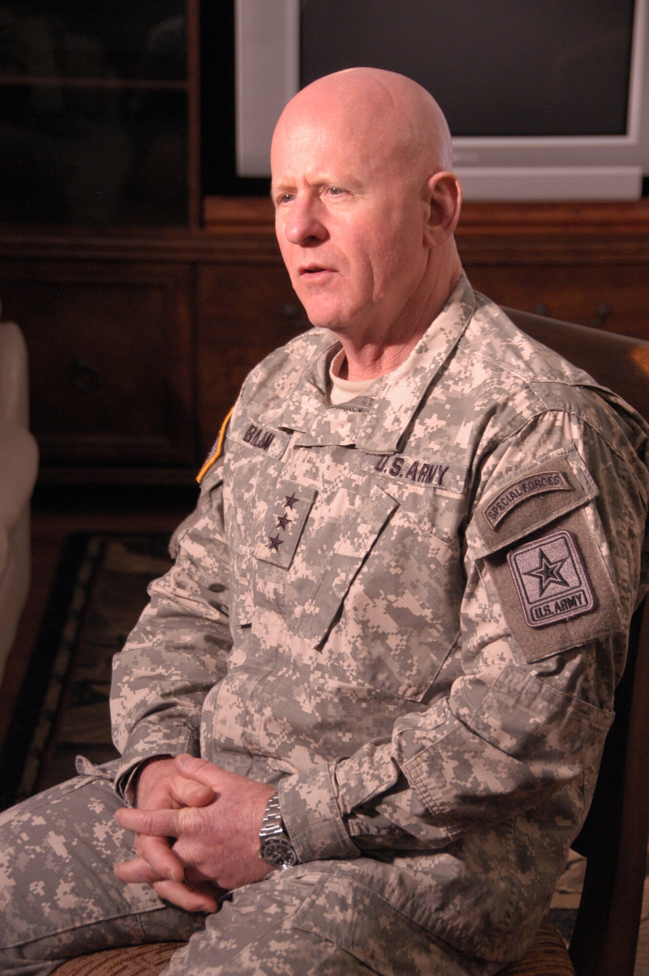 LTG H Steven Blum, Chief of Guard Bureau gives an interview during his visit to Tyndall on Feb 12.