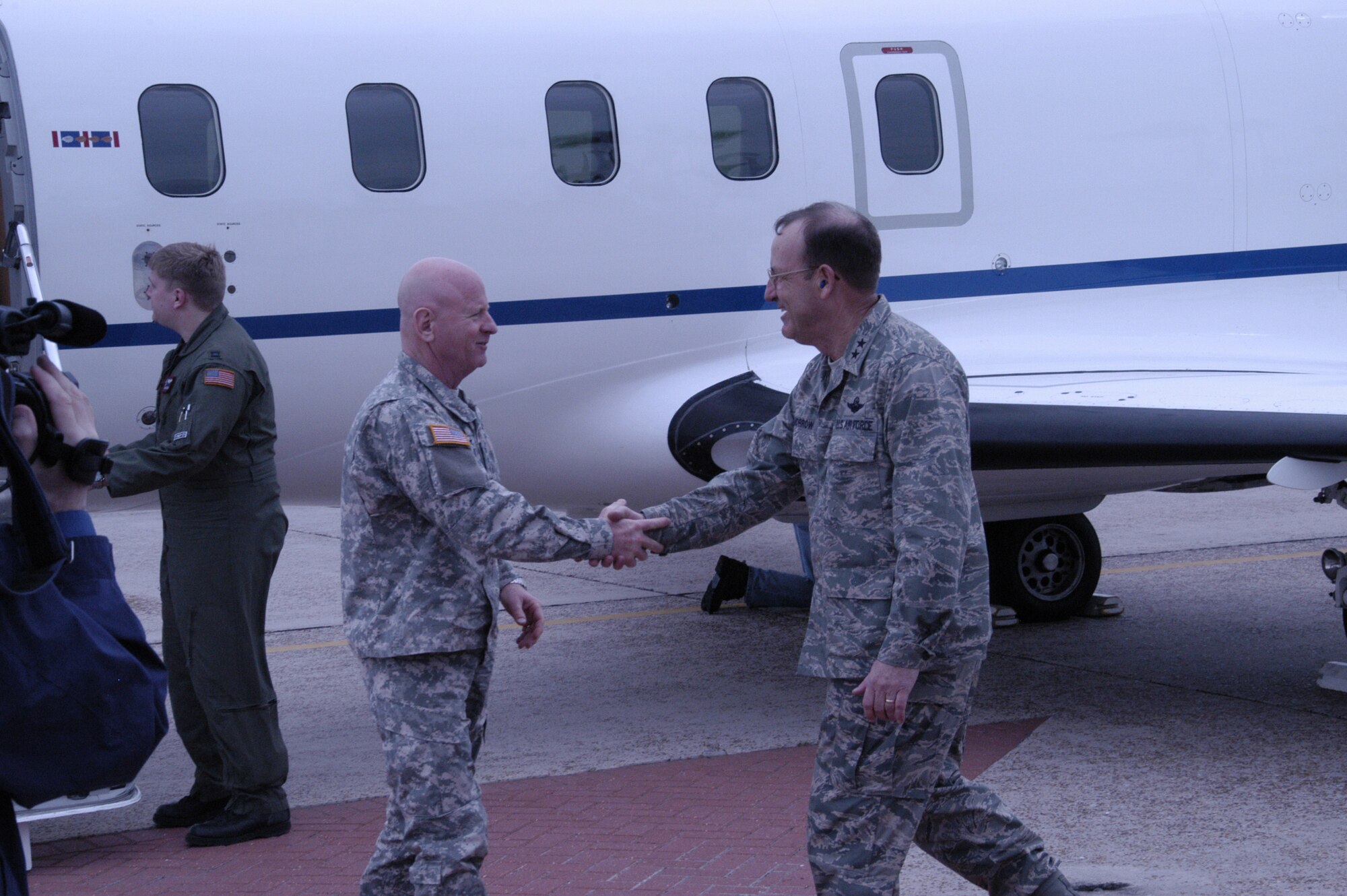 LTG H. Steven Blum, Chief of National Guard Bureau is welcomed by Maj. Gen. Hank Morrow, First Air Force commander as he arrives at Tyndall on Feb 12. 