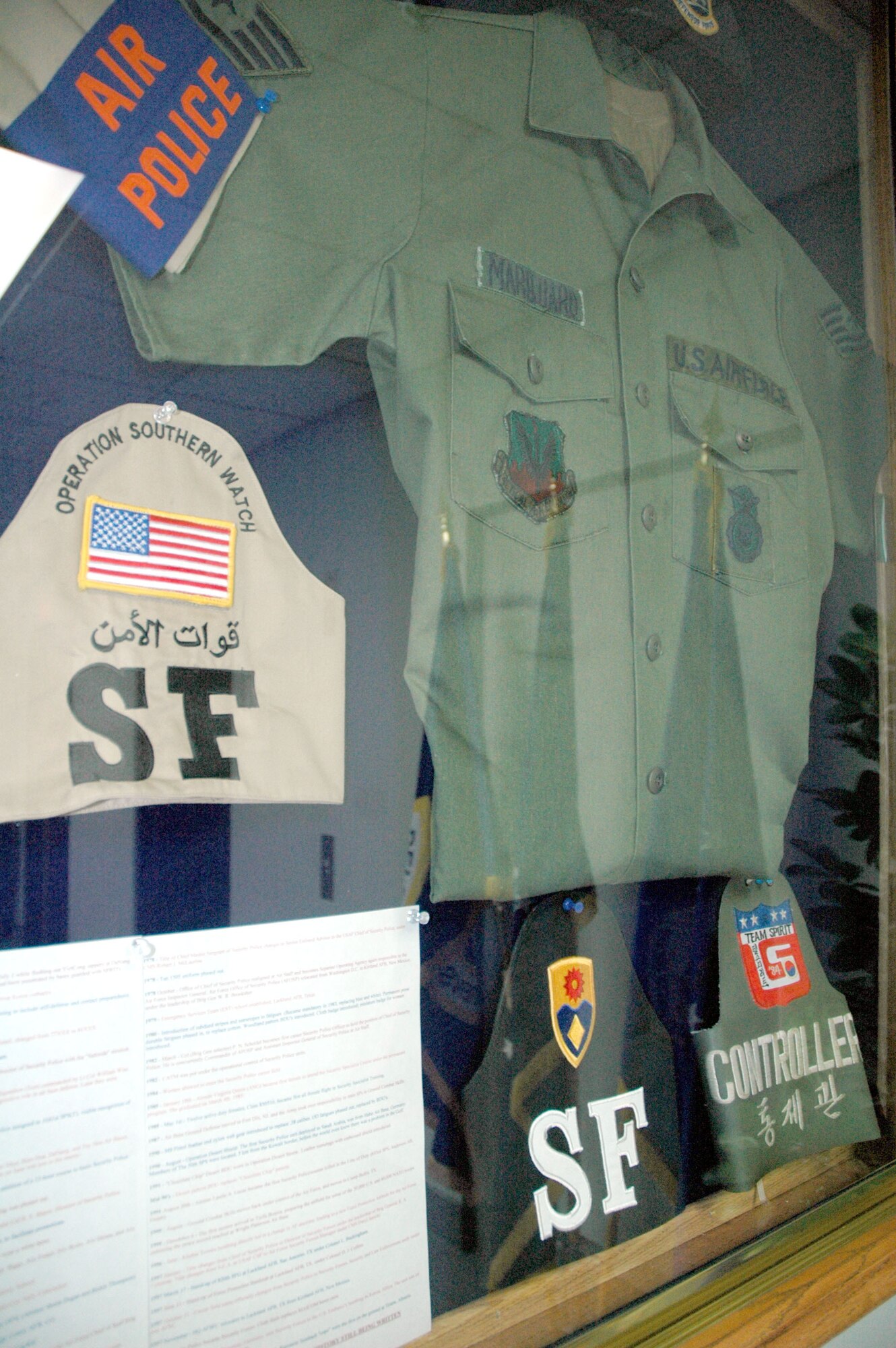 This uniform worn by security forces Airmen throughout the 1980s is part of a larger military police uniform heritage display in the 341st Security Forces Group headquarters in building 500. A vast mural was painted at the entryway; the hallways display posters and images of the past and present; and a uniform display was donated by Chief Master Sgt. Jerry Hanes, 341st Operations Group interim superintendent. (U.S. Air Force photo/Senior Airman Eydie Sakura)