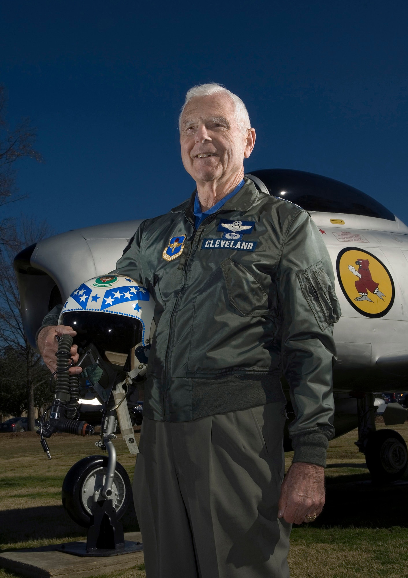 Retired Lt. Gen. Charles G. Cleveland stands before a remake "Chris Craft" F-86A Sabre now a part of the air park at Maxwell Air Force Base, Ala. The "Chris Craft" named after General Cleveland's son, was the aircraft he used to shoot down five MiG-15s during the Korean War. General Cleveland was deployed to South Korea in March 1952, where he flew F-86s as a flight commander with the 4th Fighter Interceptor Wing at Kimpo Air Base. (U.S. Air Force photo/Staff Sgt. Bennie J. Davis III)