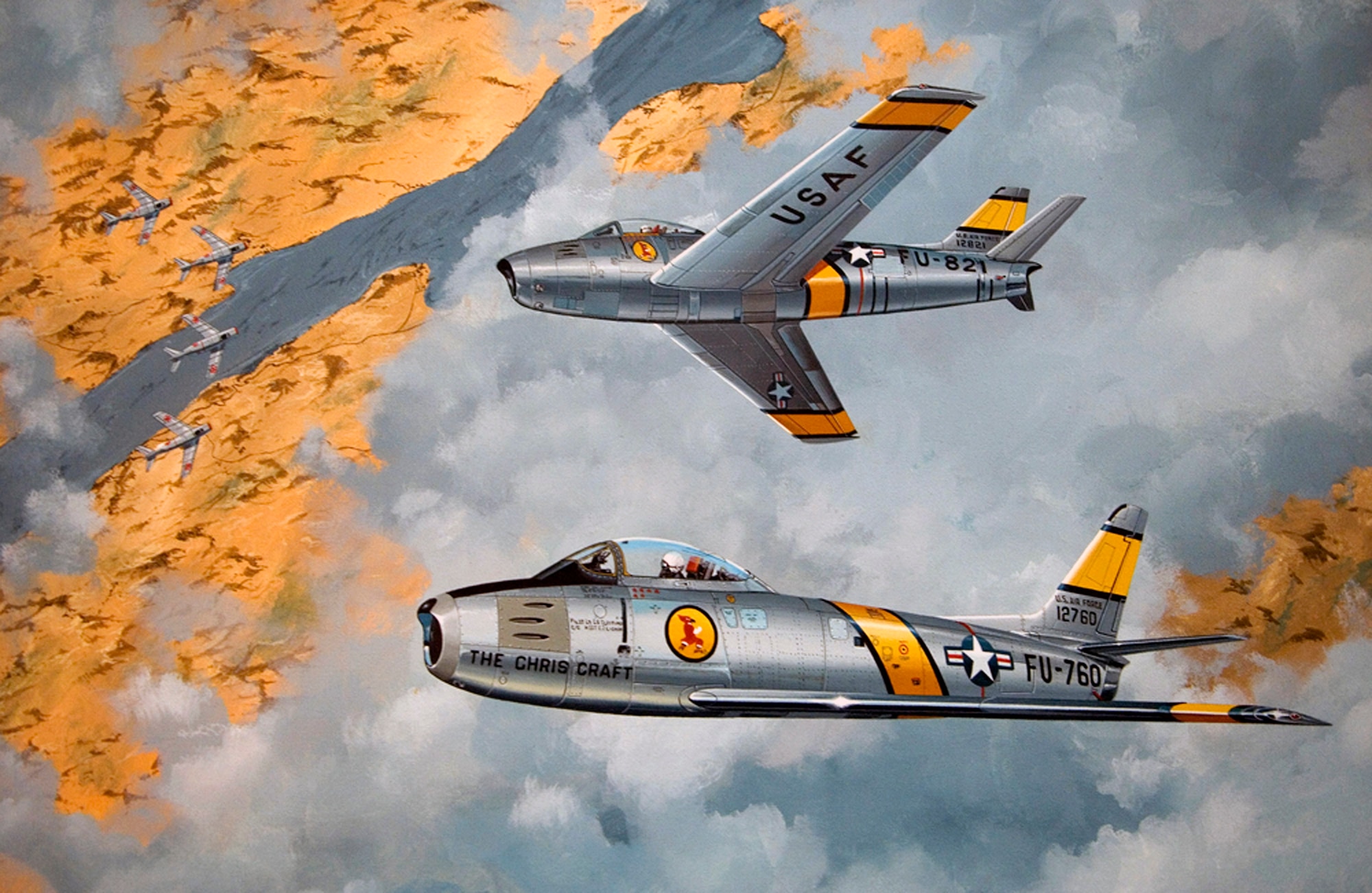 A painting of the "Chris Craft" F-86A flown by retired Lt. Gen. Charles G. Cleveland hangs in his office. The "Chris Craft" named after General Cleveland's son, was the aircraft he used to shoot down five MiG-15s during the Korean War. General Cleveland was deployed to South Korea in March 1952, where he flew F-86s as a flight commander with the 4th Fighter Interceptor Wing at Kimpo Air Base. (U.S. Air Force photo/Staff Sgt. Bennie J. Davis III)
