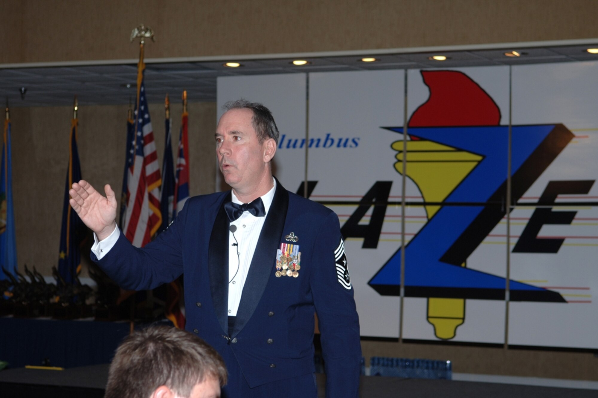 Chief Master Sgt. Karl Sagstetter, Command Chief Master Sergeant of Air University at Maxwell AFB, Ala., delivers his speech at the 2007 Annual Awards Banquet. (U.S. Air Force photo by Elizabeth Owens)