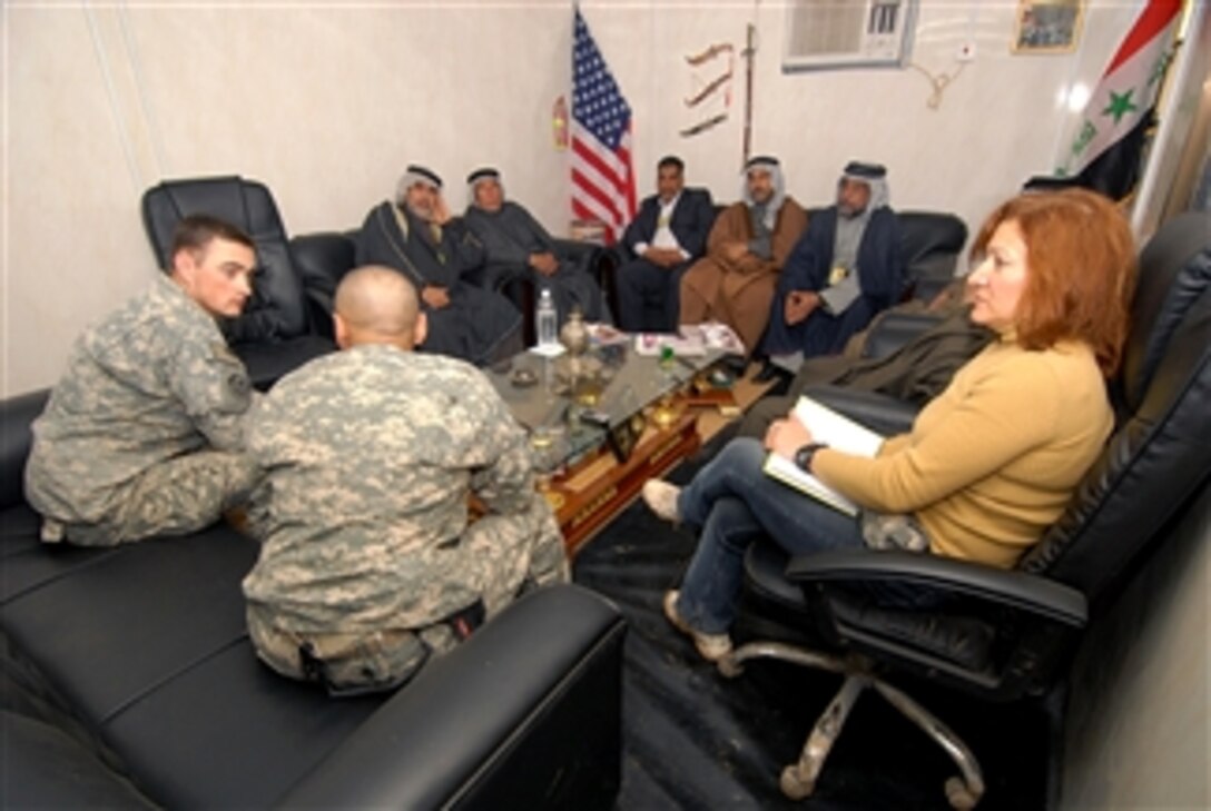 U.S. soldiers meet with sheiks from the Abu T'shir province and an interpretor during a reconciliation meeting in the Rashid district of Baghdad, Iraq, Jan. 31, 2008.  The solders are assigned to 2nd Striker Cavalry Regiment, 4th Infantry Brigade Combat Team, 1st Infantry Division.