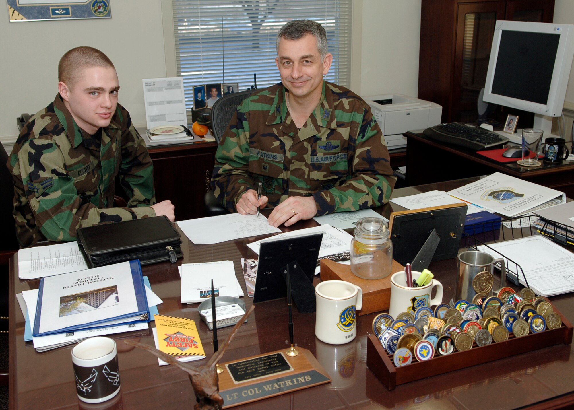 FAIRCHILD AIR FORCE BASE, Wash. – Col. Roger Watkins, 92nd Air Refueling Wing acting commander (right), and Airman 1st Class Eric Coovert, 92nd Aircraft Maintenance Squadron, teamed up as commander and shadow Feb. 13. The Commander’s Shadow program is a monthly event designed to give an Airman a glimpse into the wing commander’s typical day. (U.S. Air Force photo / Airman 1st Class Joshua Chapman)