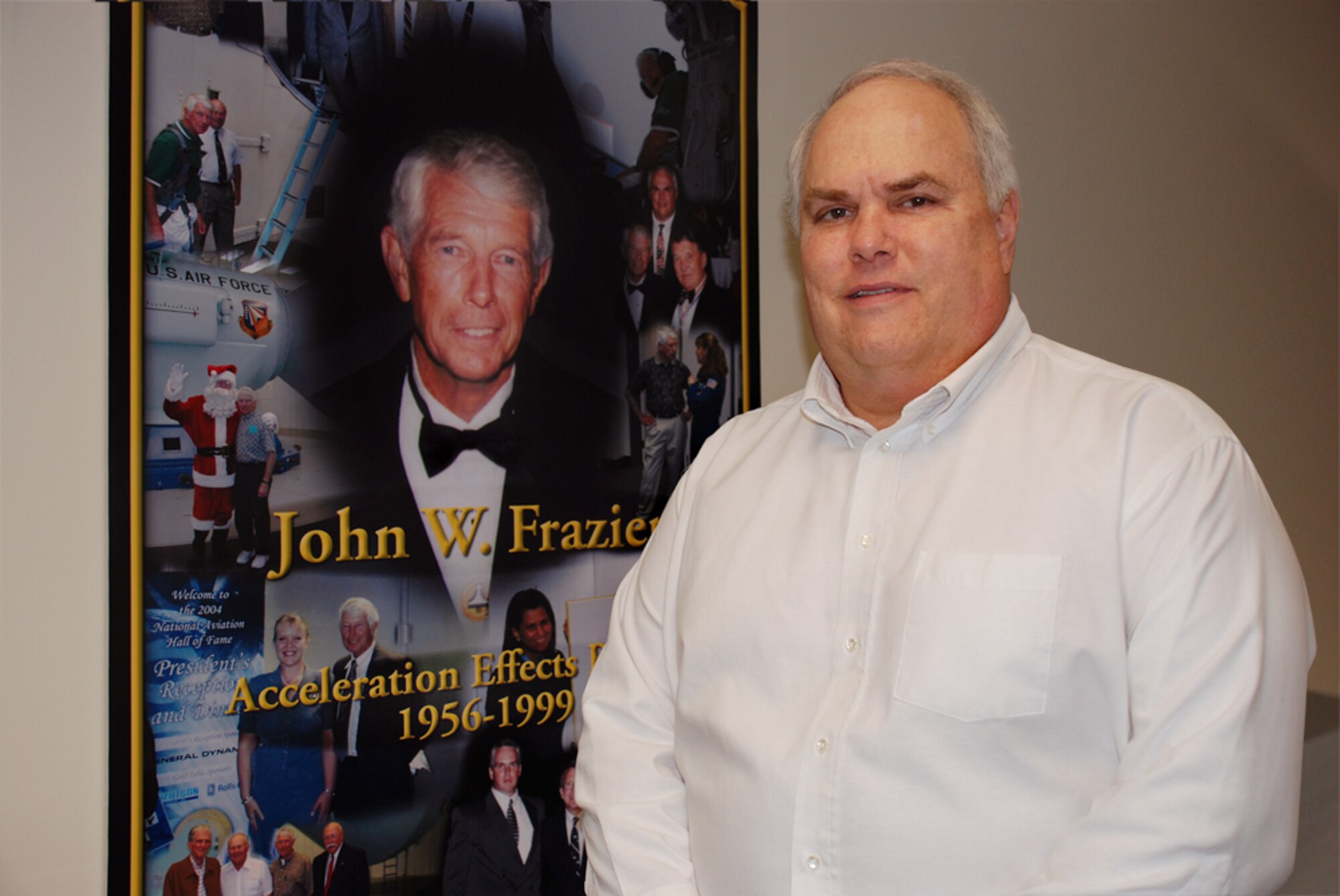 Dr. William Albery proudly acknowledges the accomplishments of acceleration effects researcher John W. Frazier and other Air Force Research Laboratory pioneers whose efforts initially defined man’s limits in air and space. (Photo by Chris Gulliford AFRL/RH)