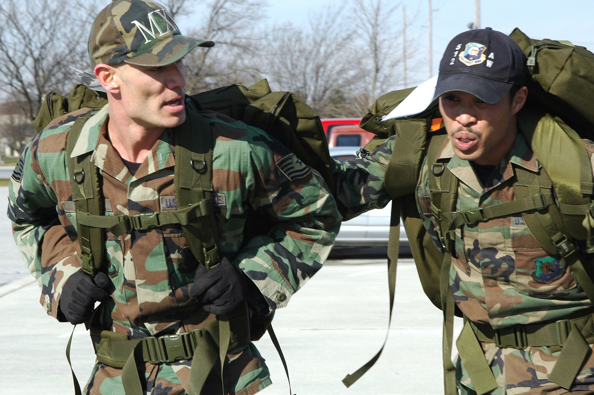Senior Airman Jason Jones, 512th Maintenance Group (right), teams up with members of the 436th Maintenance Squadron to compile a four-person team competing in the 9th Annual Ruck March, Feb. 2 at the Air Mobility Museum here. The March was hosted by the 436th Security Forces Squadron to commemorate Veterans of the Korean War Battle of the Chosin Reservoir. (U.S. Air Force photo\Senior Airman Andria J. Allmond)