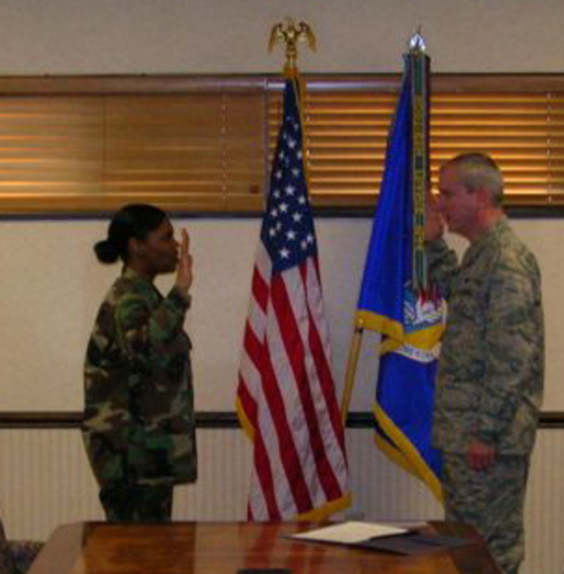 SEYMOUR JOHNSON AIR FORCE BASE, N.C. -- Col. Fritz Linsenmeyer, wing commander of the 916th Air Refueling Wing, re-enlists Tech. Sgt. Yasheda Lyons during the February unit training assembly. Sgt. Lyons is a the chief of personnel employment with the 916th Mission Support Flight. U.S. Air Force photo/Master Sgt. Andre Kirk