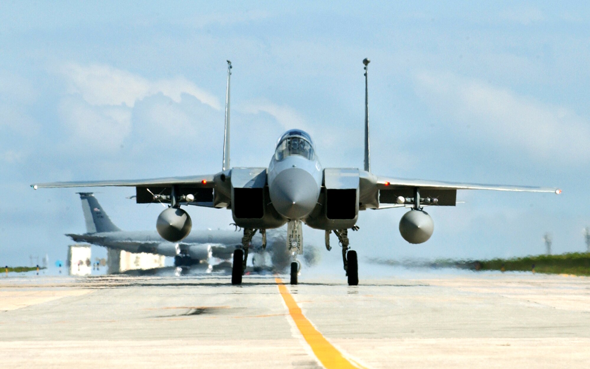 An F-15 Eagle taxis down the runway in preparation to intercept "hostile forces" during local operational readiness exercise Beverly High 08-4 at Kadena Air Base, Japan, Feb. 14, 2008. The 18th Wing conducted the exercise from Feb. 10 to 15 to test Airmen's ability to respond in contingency situations. (U.S. Air Force photo/Senior Airman Jeremy McGuffin)