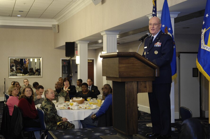 Chaplain, Brig. Gen. Cecil R. Richardson, Air Force Deputy Chief of Chaplains, gives his message entitled "In God We Trust" at the National Prayer Breakfast Feb. 12 at the Bolling Club. (U.S. Air Force photo by Senior Airman Dan DeCook)