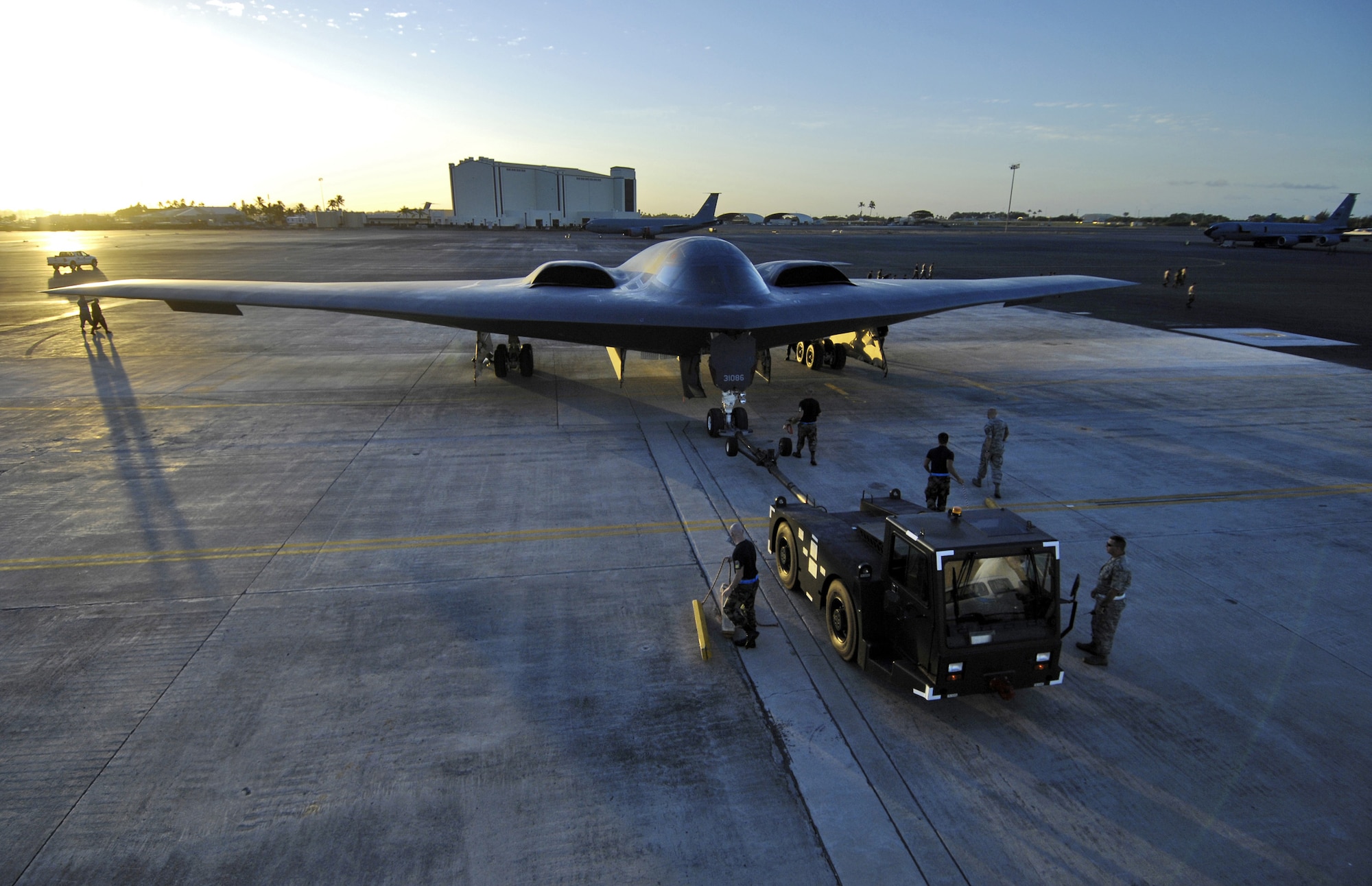 A B-2 Spirit stealth bomber is towed to a parking spot Feb. 12, 2008 to be on display at Hickam Air Force Base, Hawaii. The B-2 on display is one of four bombers currently deployed to Andersen Air Force Base, Guam, as part of U.S. Pacific Command’s continuous bomber presence. The aircraft and approximately 280 aircrew and support personnel from the 509th Bomb Wing at Whiteman Air Force Base, Mo., have been in theater since Oct. 5. (U.S. Air Force photo/Tech. Sgt. Shane A. Cuomo)