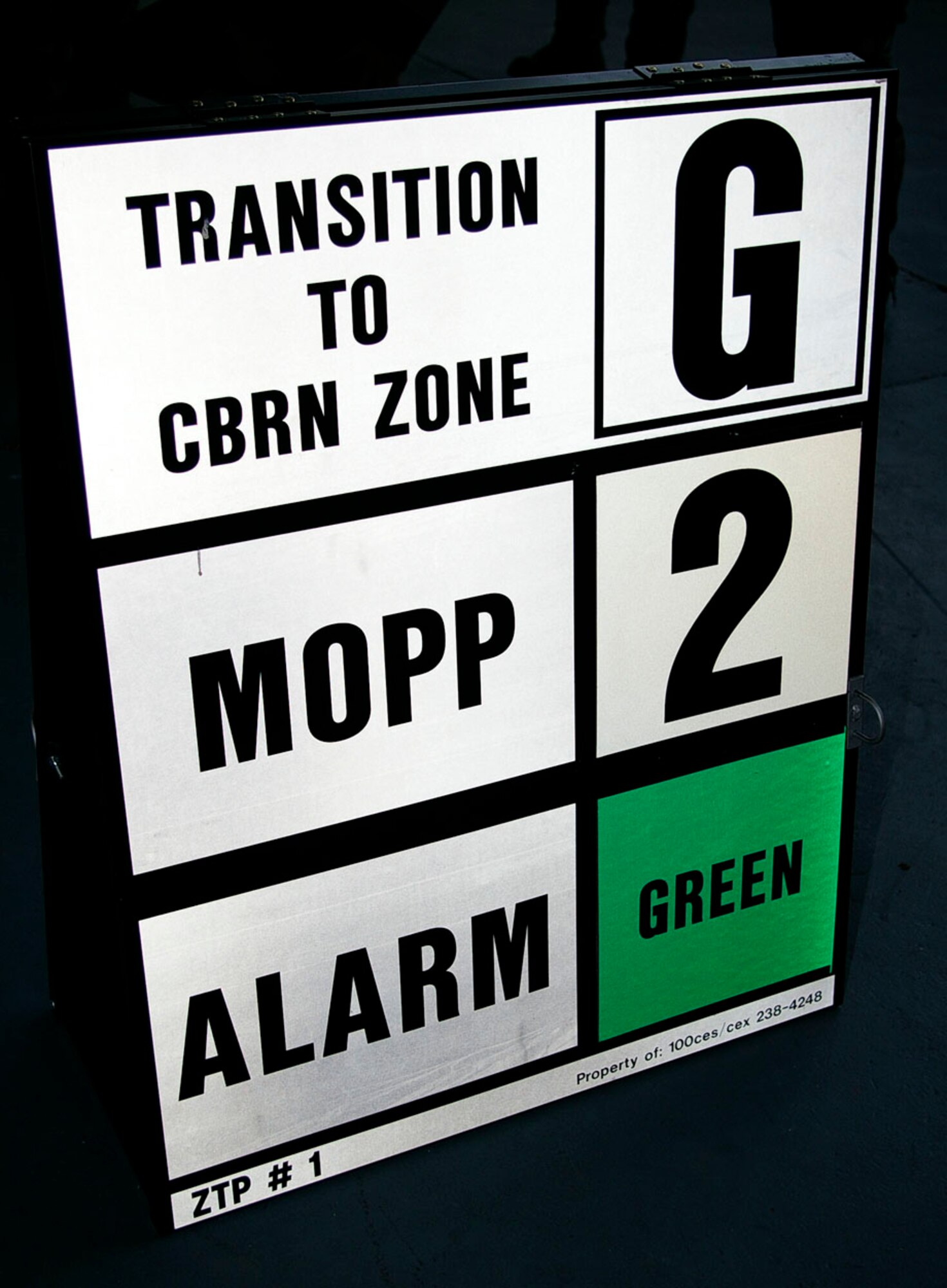 This board shows Alarm and MOPP conditions and is used when students perform practical training as part of Chemical, Biological, Radiological and Nuclear Defense training at Building 562. (U.S. Air Force photo by Karen Abeyasekere) 