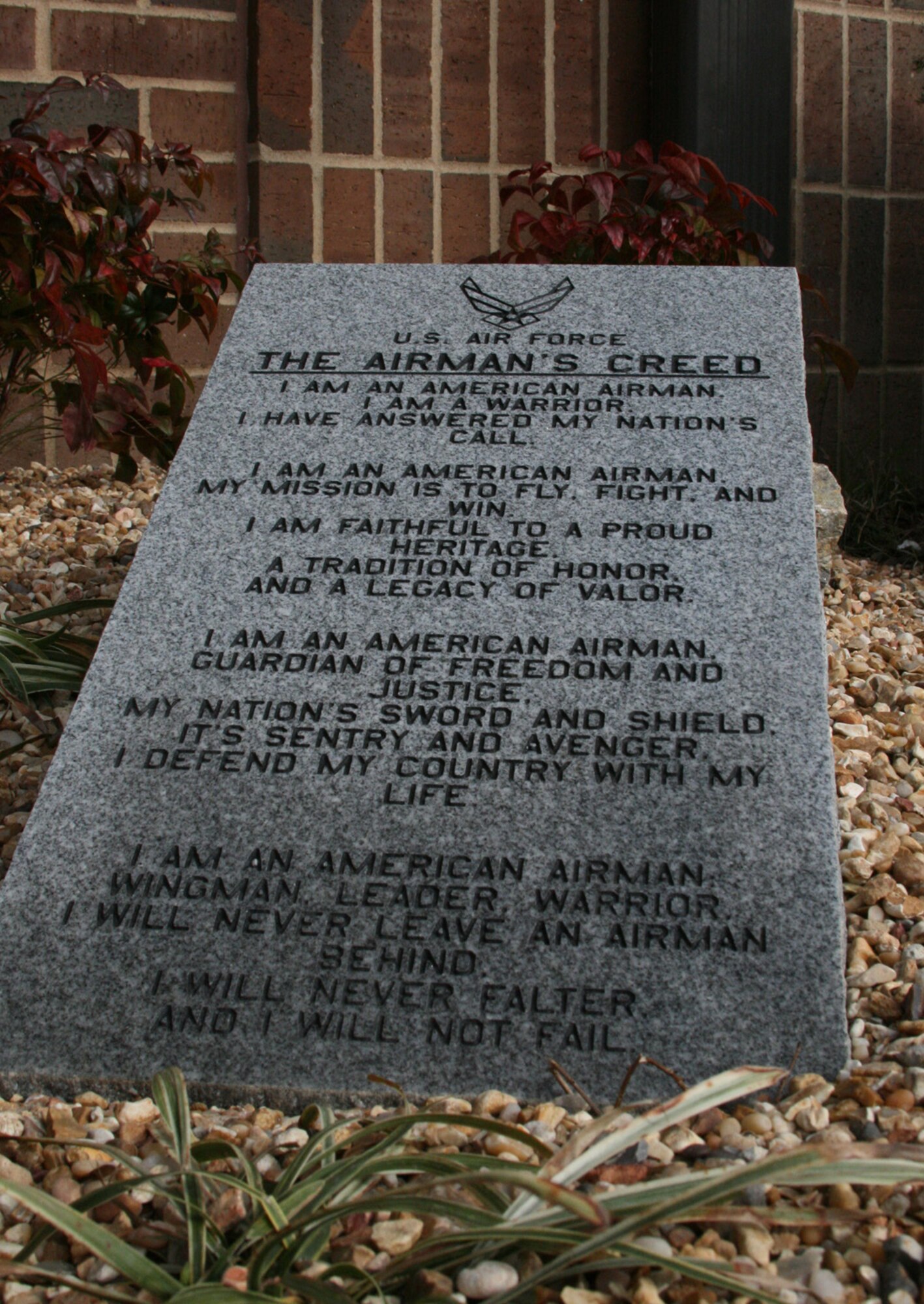 The Airman’s Creed granite slab, donated by Jim and Pauline Moody, owners of Stipe Monuments, Inc., of Mena, Ark., is located near the rear entrance to Building 118. Their son-in-law is Master Sgt. Michael Parrett, a flight engineer in the 154th Training Squadron. Sergeant Parrett came up with the idea and the Moodys took it from there.