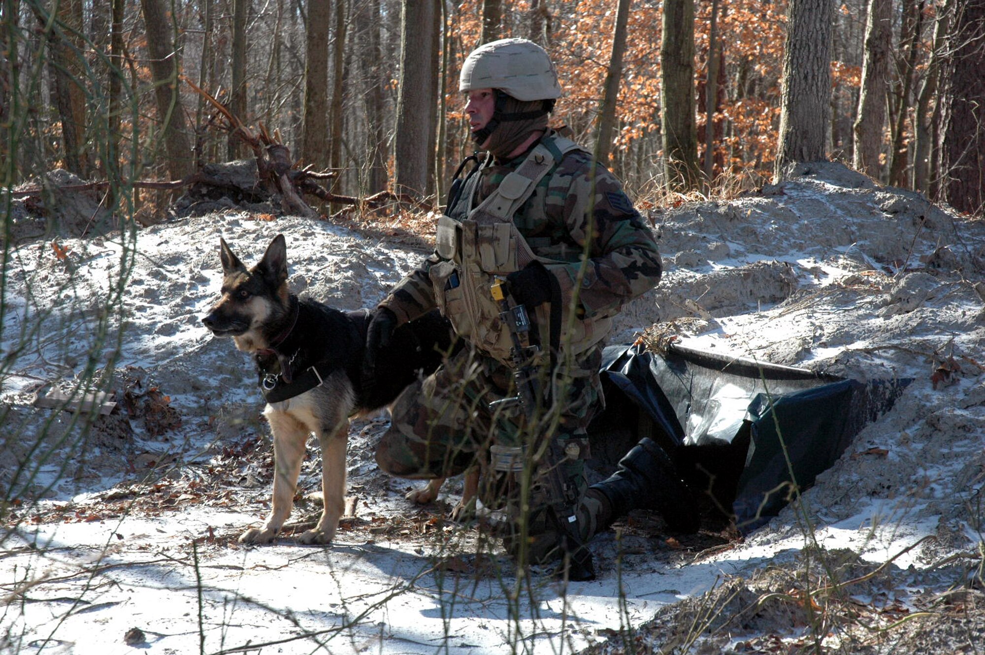 Staff Sgt. Christopher Dion and his military working dog Dena participate in an obstacle course on a range on Fort Dix, N.J., Feb. 14, 2008, as part of training as students in the Air Force Phoenix Warrior Course 08-3 K-9 track.  The course is taught by the U.S. Air Force Expeditionary Center's Expeditionary Operations School and 421st Combat Training Squadron and prepares security forces for upcoming deployments.  Sergeant Dion and Dena are from the 6th Security Forces Squadron at MacDill Air Force Base, Fla.  (U.S. Air Force Photo/Tech. Sgt. Scott T. Sturkol)